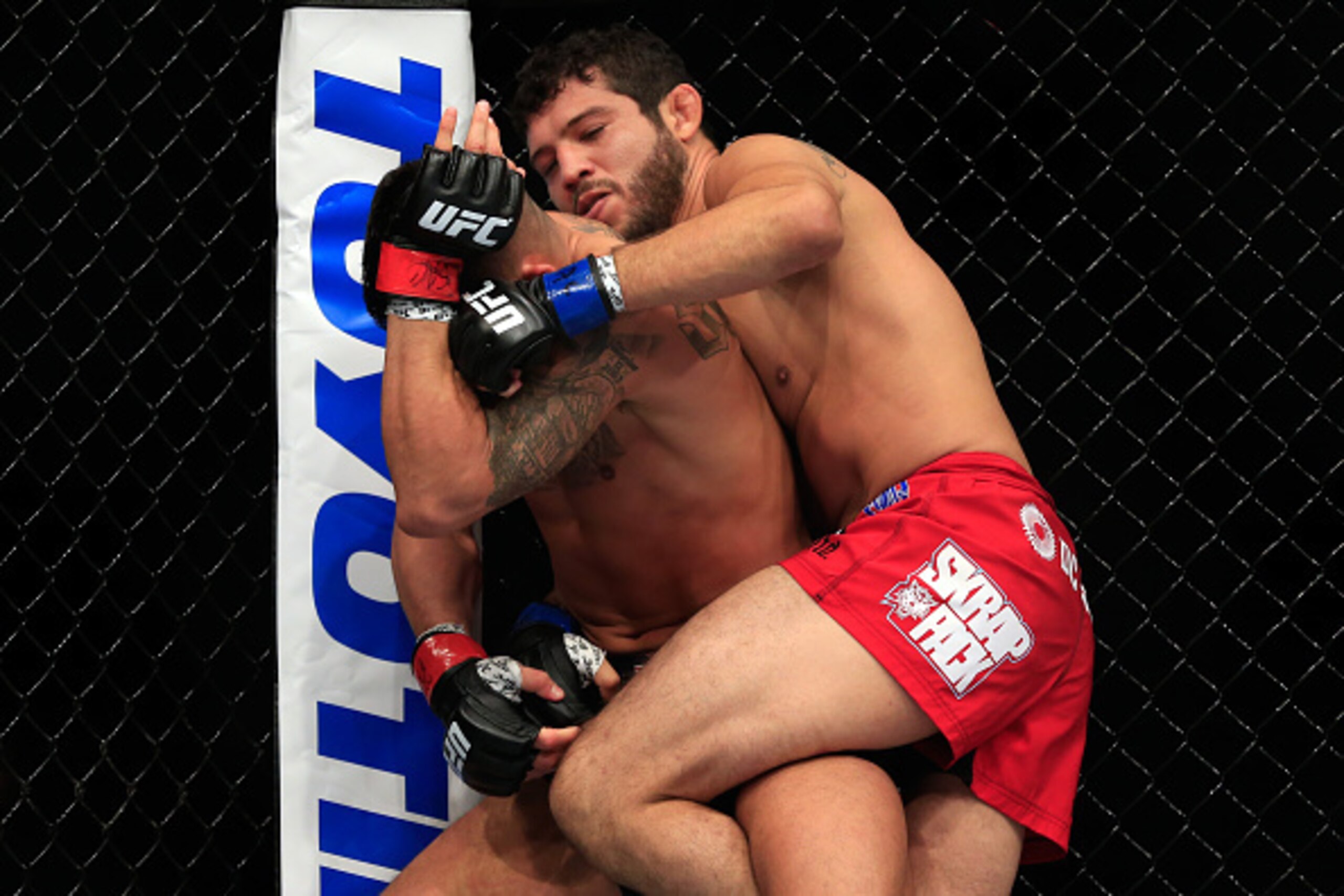 LAS VEGAS, NV - DECEMBER 06:  Anthony Pettis (black shorts) Gilbert Menendez (red shorts) fight in their lightweight title bout during the UFC 181 event at the Mandalay Bay Events Center on December 6, 2014 in Las Vegas, Nevada.  (Photo by Alex Trautwig/G