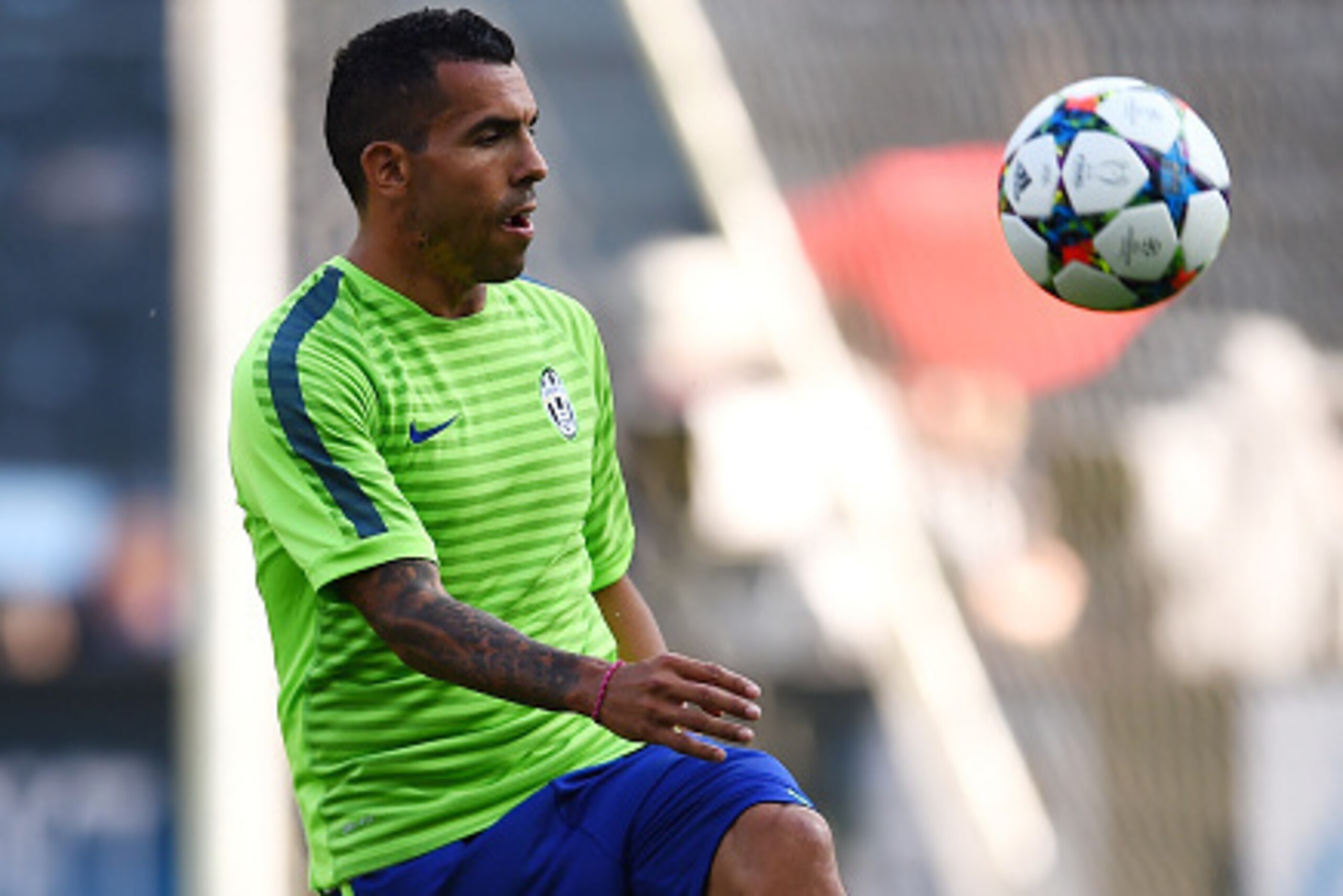 BERLIN, GERMANY - JUNE 05:  Carlos Tevez of Juventus controls the ball during a Juventus training session on the eve of the UEFA Champions League Final match against FC Barcelona at Olympiastadion on June 5, 2015 in Berlin, Germany.  (Photo by Laurence Gr