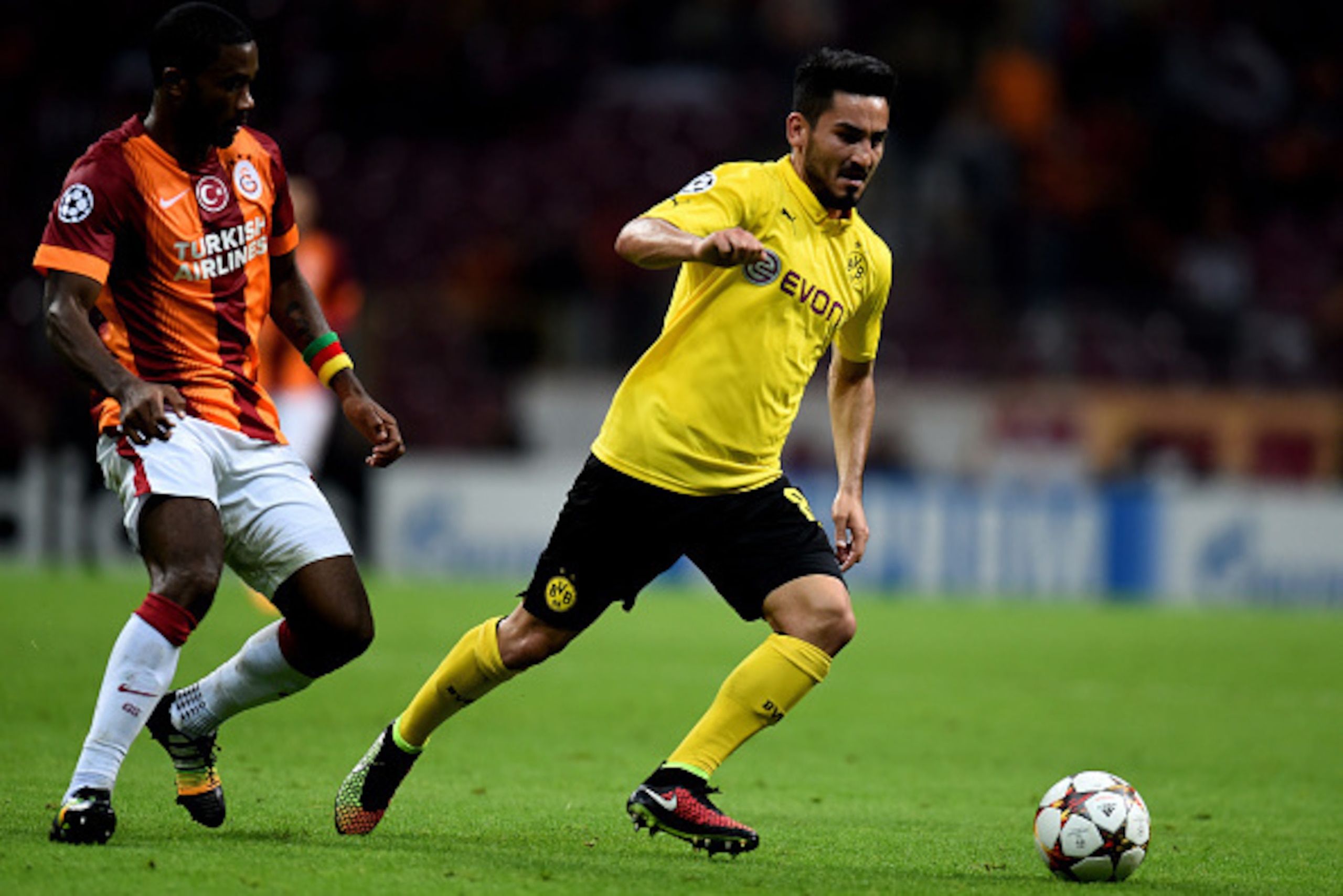 ISTANBUL, TURKEY - OCTOBER 22: Ilkay Gundogan of Borussia Dortmund runs with the ball during UEFA Champions League Group D match between Galatasaray and Borussia Dortmund at Turk Telekom Arena on October 22, 2014 in Istanbul, Turkey.  (Photo by Lars Baron