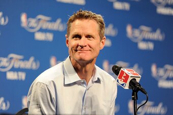 CLEVELAND, OH - JUNE 11:  Head coach Steve Kerr of the Golden State Warriors speaks at the pre game press conference before Game Four of the 2015 NBA Finals against the Cleveland Cavaliers on June 11, 2015 at The Quicken Loans Arena in Cleveland, Ohio. NO