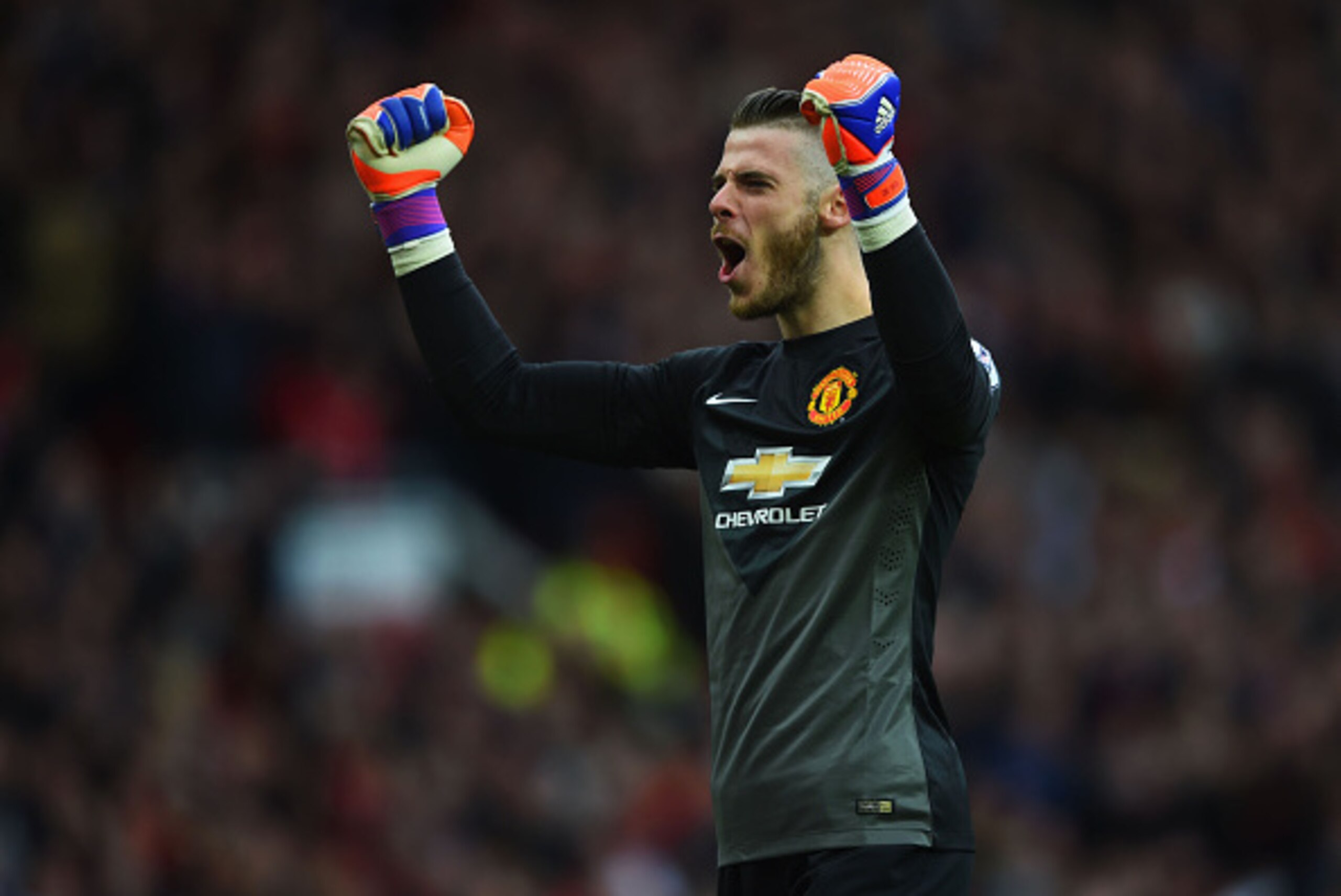 MANCHESTER, ENGLAND - MAY 17:  David De Gea of Manchester United celebrates as Ander Herrera scores their first goal during the Barclays Premier League match between Manchester United and Arsenal at Old Trafford on May 17, 2015 in Manchester, England.  (P