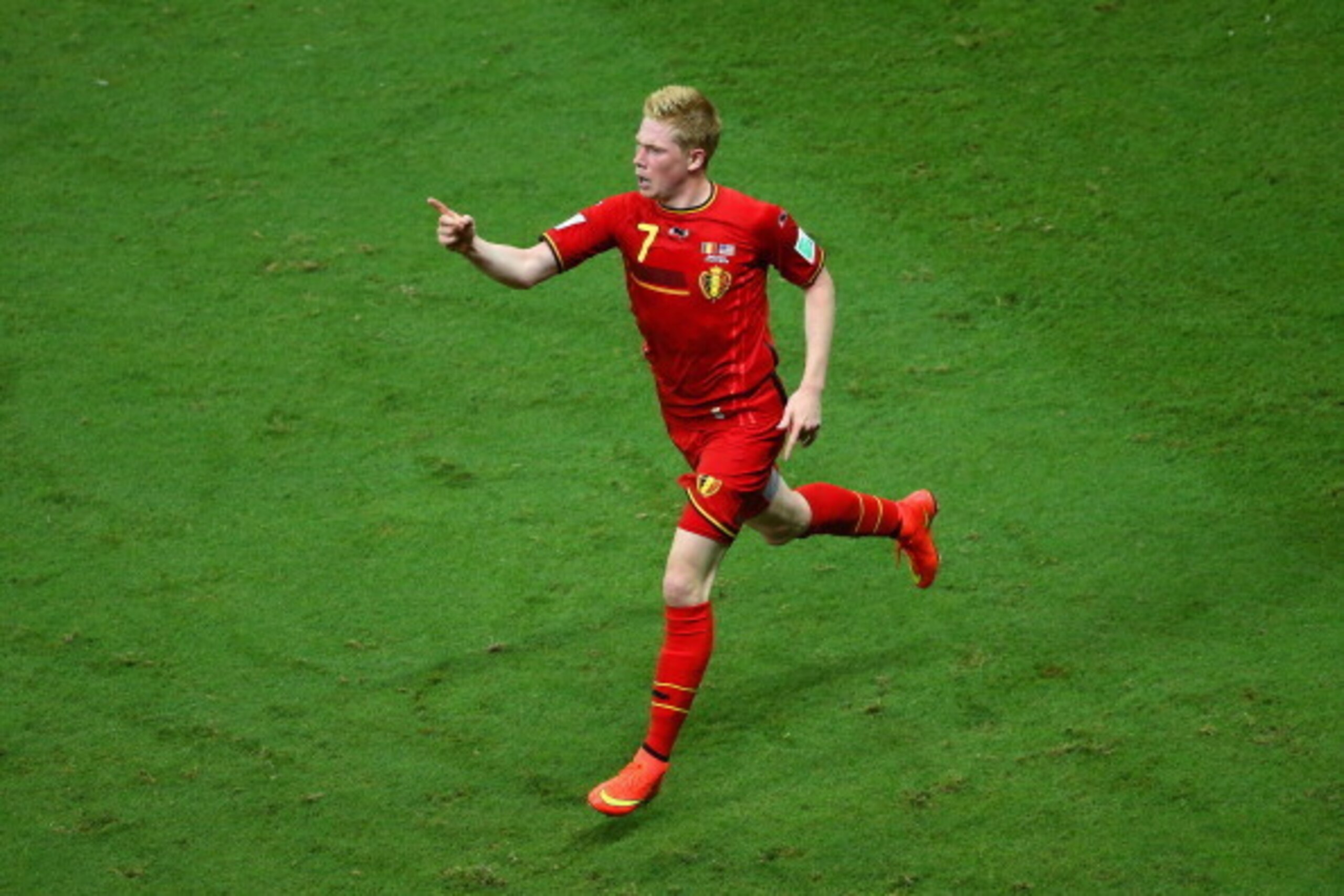 SALVADOR, BRAZIL - JULY 01:  Kevin De Bruyne of Belgium celebrates after scoring his team's first goal in extra time during the 2014 FIFA World Cup Brazil Round of 16 match between Belgium and the United States at Arena Fonte Nova on July 1, 2014 in Salva