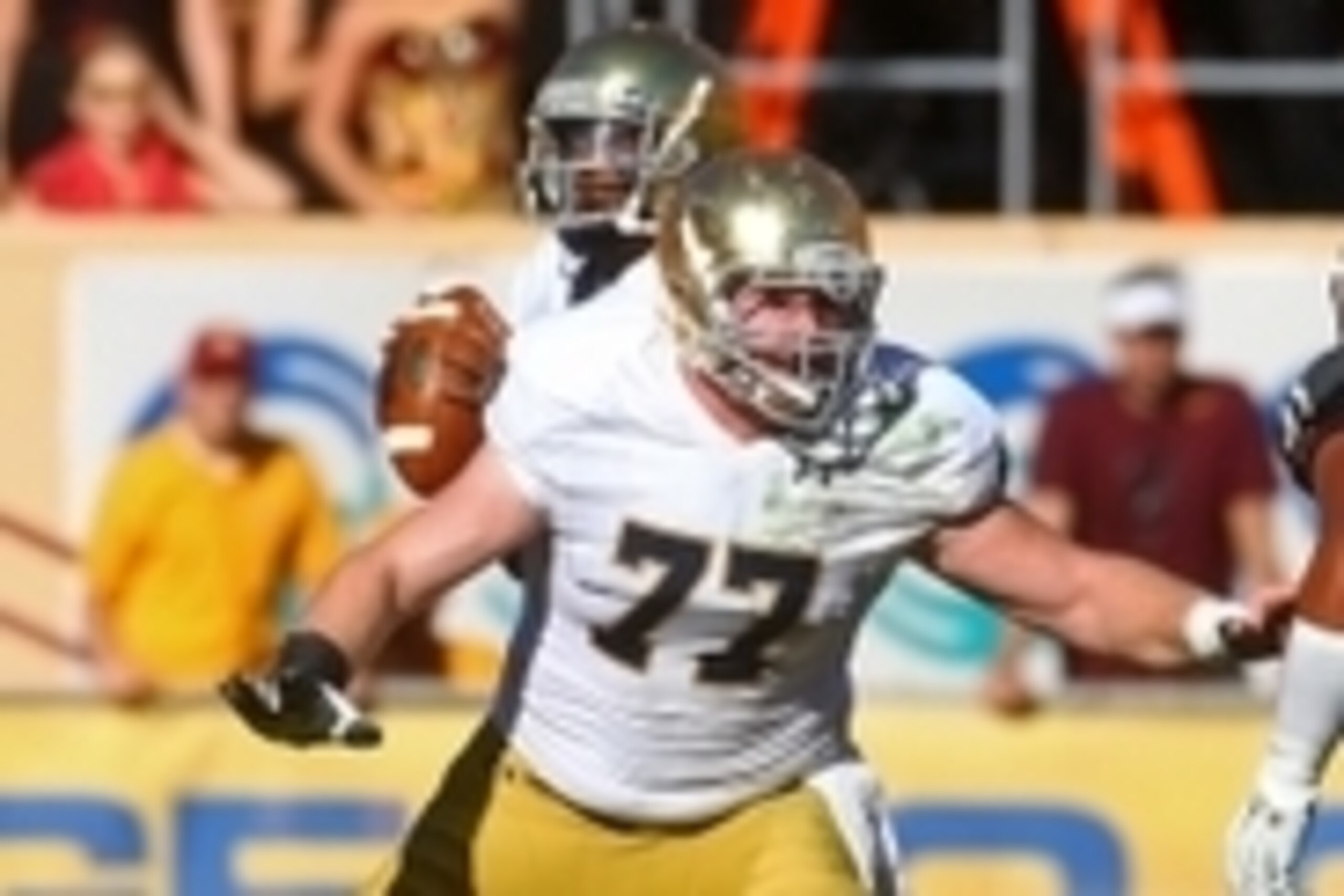 Nov 8, 2014; Tempe, AZ, USA; Notre Dame Fighting Irish offensive lineman Matt Hegarty (77) against the Arizona State Sun Devils at Sun Devil Stadium. Arizona State defeated Notre Dame 55-31. Mandatory Credit: Mark J. Rebilas-USA TODAY Sports