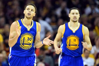Jun 11, 2015; Cleveland, OH, USA; Golden State Warriors guard Stephen Curry (30) celebrates after a play during the third quarter against the Cleveland Cavaliers in game four of the NBA Finals at Quicken Loans Arena. Mandatory Credit: Bob Donnan-USA TODAY