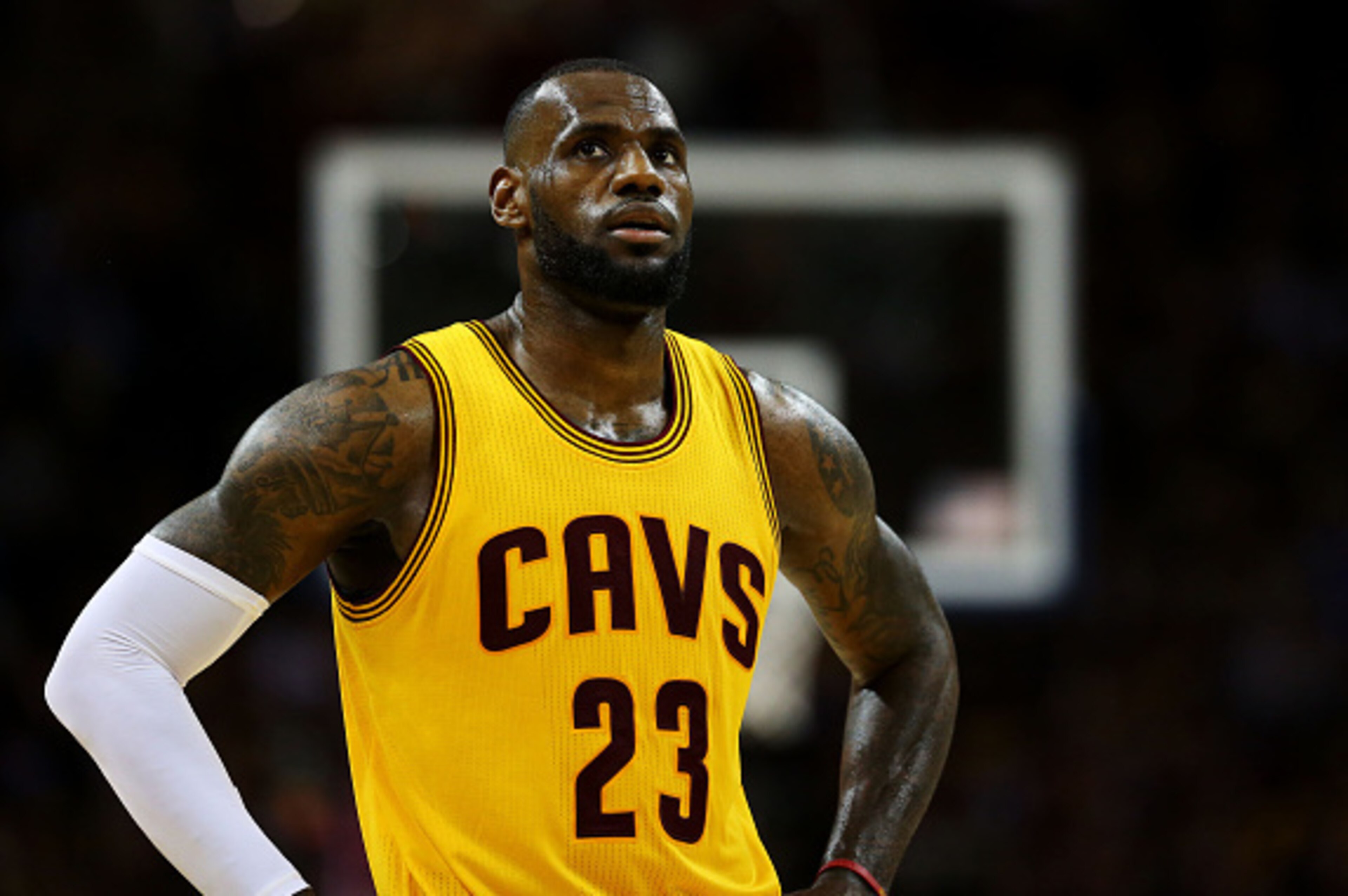 CLEVELAND, OH - JUNE 11:  LeBron James #23 of the Cleveland Cavaliers reacts in the second quarter against the Golden State Warriors during Game Four of the 2015 NBA Finals at Quicken Loans Arena on June 11, 2015 in Cleveland, Ohio.  NOTE TO USER: User ex