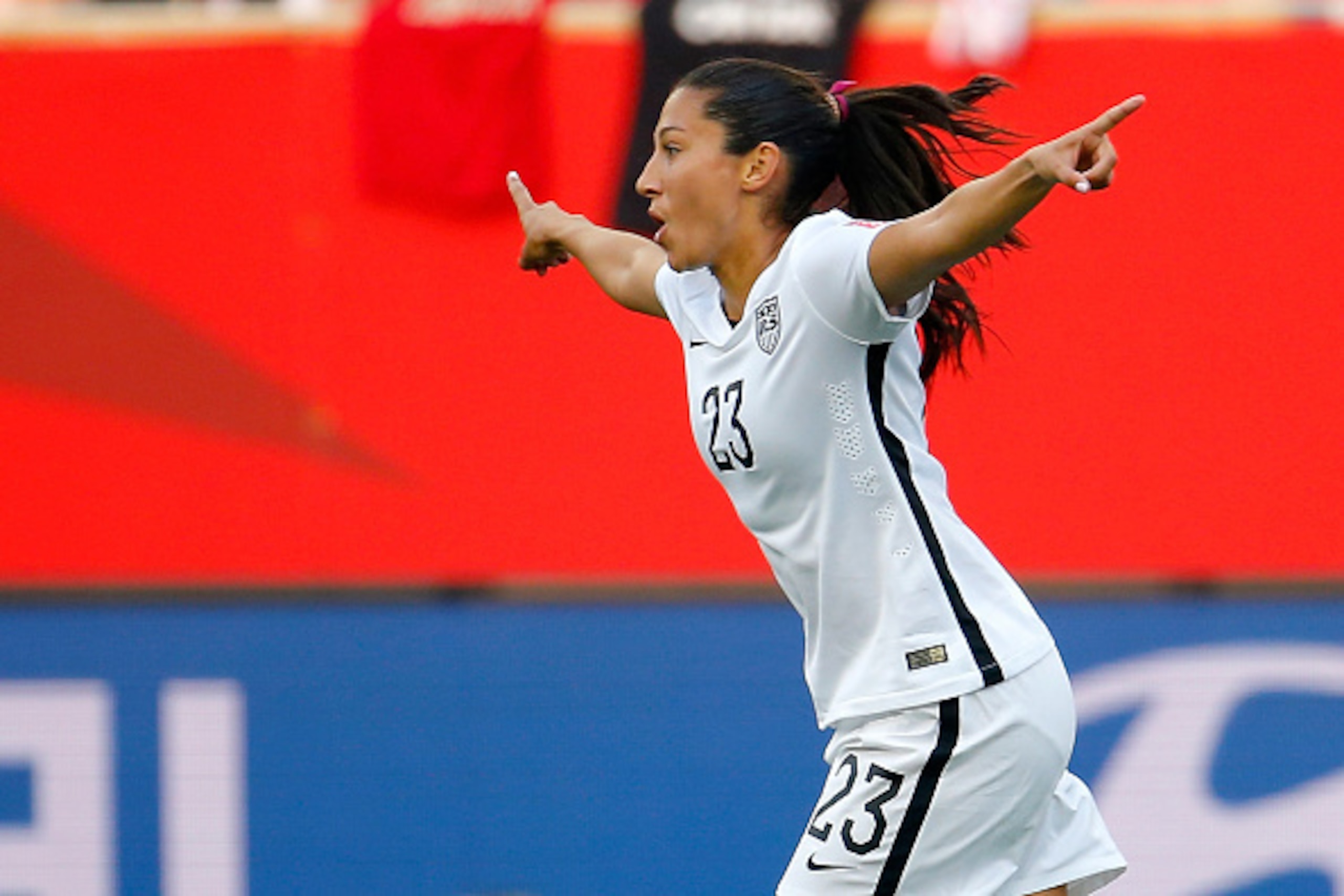 WINNIPEG, MB - JUNE 08:  Christen Press #23 of the United States celebraes after Pess scores a second half goal against Australia during the FIFA Women's World Cup 2015 Group D match at Winnipeg Stadium on June 8, 2015 in Winnipeg, Canada.  (Photo by Kevi