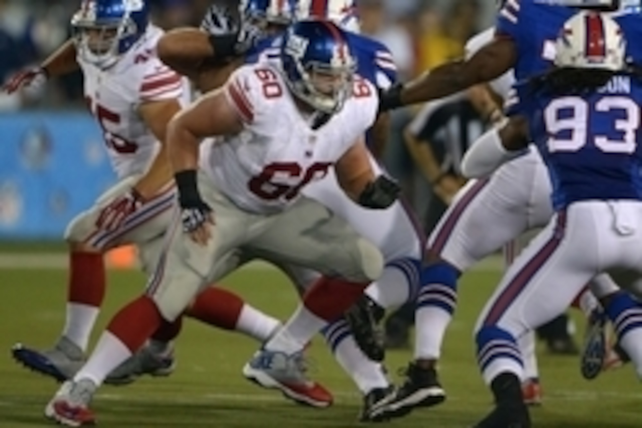Aug 3, 2014; Canton, OH, USA; New York Giants center Weston Richburg (60) against the Buffalo Bills in the 2014 Hall of Fame game at Fawcett Stadium. Mandatory Credit: Kirby Lee-USA TODAY Sports Aug 3, 2014; Canton, OH, USA; New York Giants center Weston Richburg (60) against the Buffalo Bills in the 2014 Hall of Fame game at Fawcett Stadium. Mandatory Credit: Kirby Lee-USA TODAY Sports