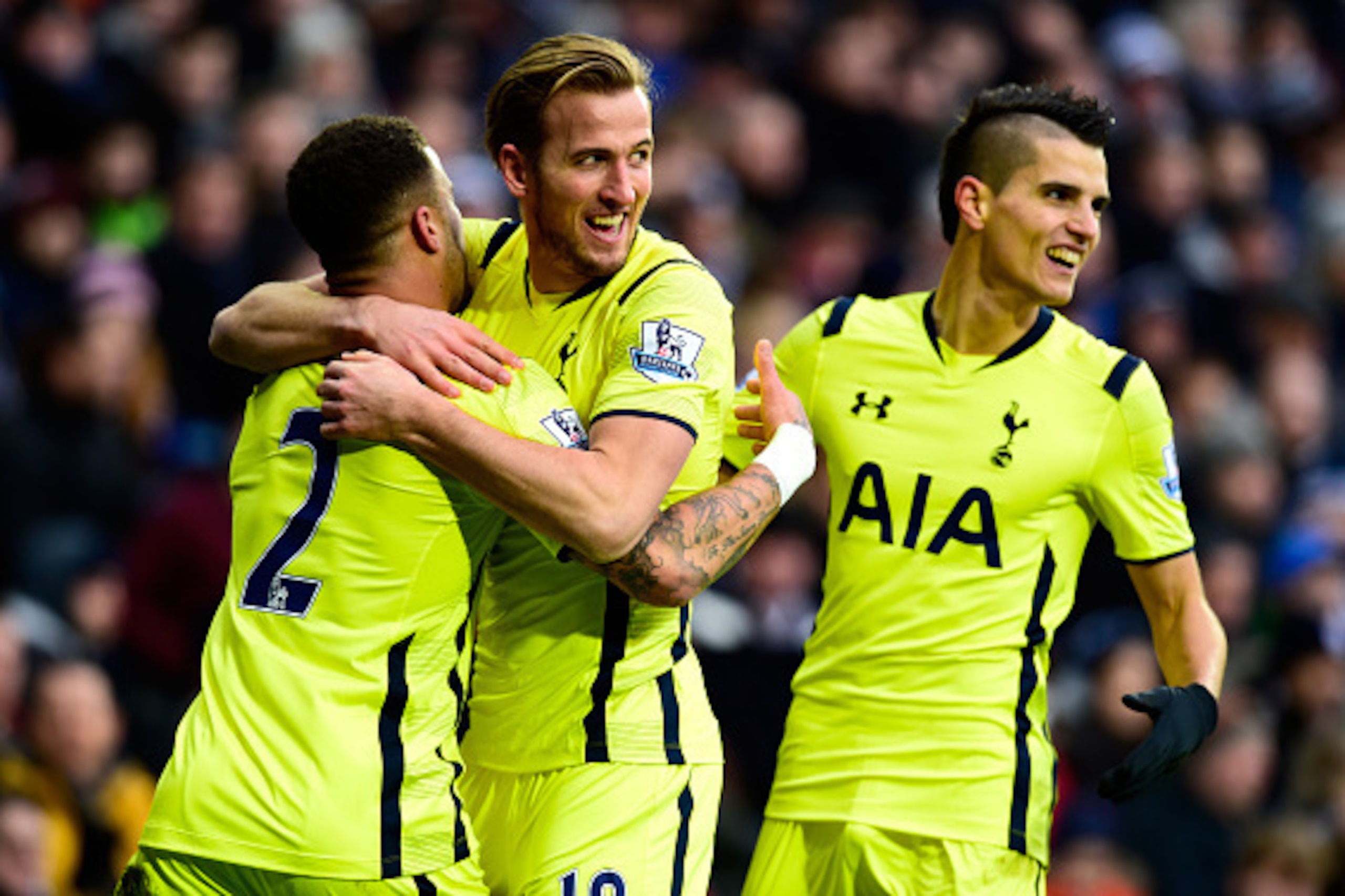 WEST BROMWICH, ENGLAND - JANUARY 31:  Harry Kane of Spurs (c) celebrates the second goal with Kyle Walker (l) and Erik Lamela during the Barclays Premier League match between West Bromwich Albion and Tottenham Hotspur at The Hawthorns on January 31, 2015 