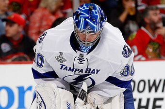 CHICAGO, IL - JUNE 08:  Goaltender Ben Bishop #30 of the Tampa Bay Lightning plays against the Chicago Blackhawks of Game Three of the 2015 NHL Stanley Cup Final at United Center on June 8, 2015 in Chicago, Illinois.  (Photo by Scott Audette/NHLI via Gett