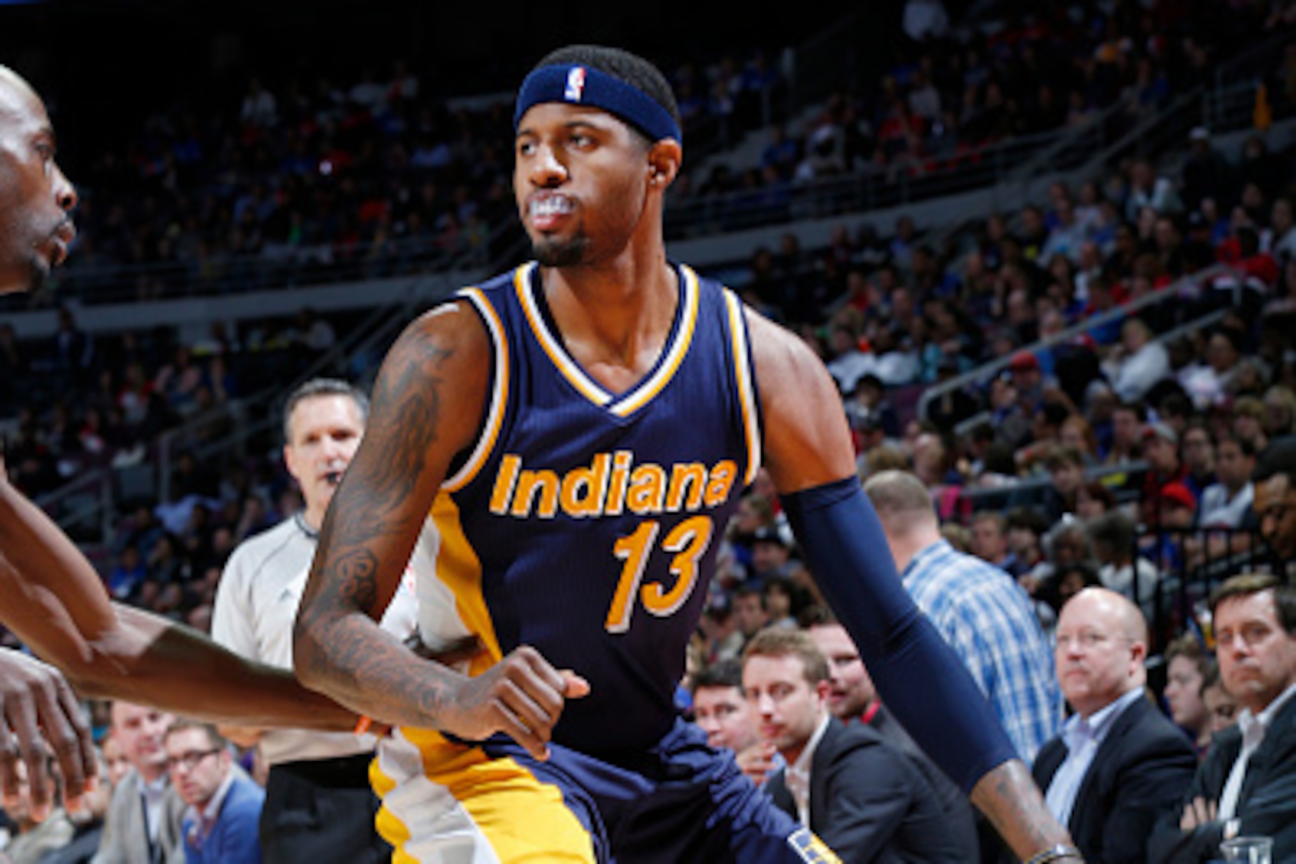 DETROIT, MI - APRIL 10: Paul George #13 of the Indiana Pacers defends the ball against the Detroit Pistons during the game on April 10, 2015 at The Palace of Auburn in Detroit, Michigan. NOTE TO USER: User expressly acknowledges and agrees that, by downlo