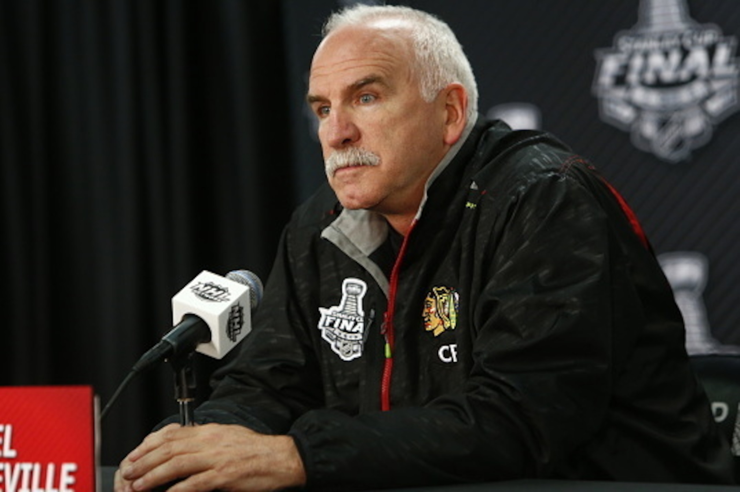 CHICAGO, IL - JUNE 09:  Joel Quenneville, head coach of the Chicago Blackhawks, speaks during a press conference for the 2015 NHL Stanley Cup Final at the United Center on June 9, 2015 in Chicago, Illinois.  (Photo by Chase Agnello-Dean/NHLI via Getty Ima