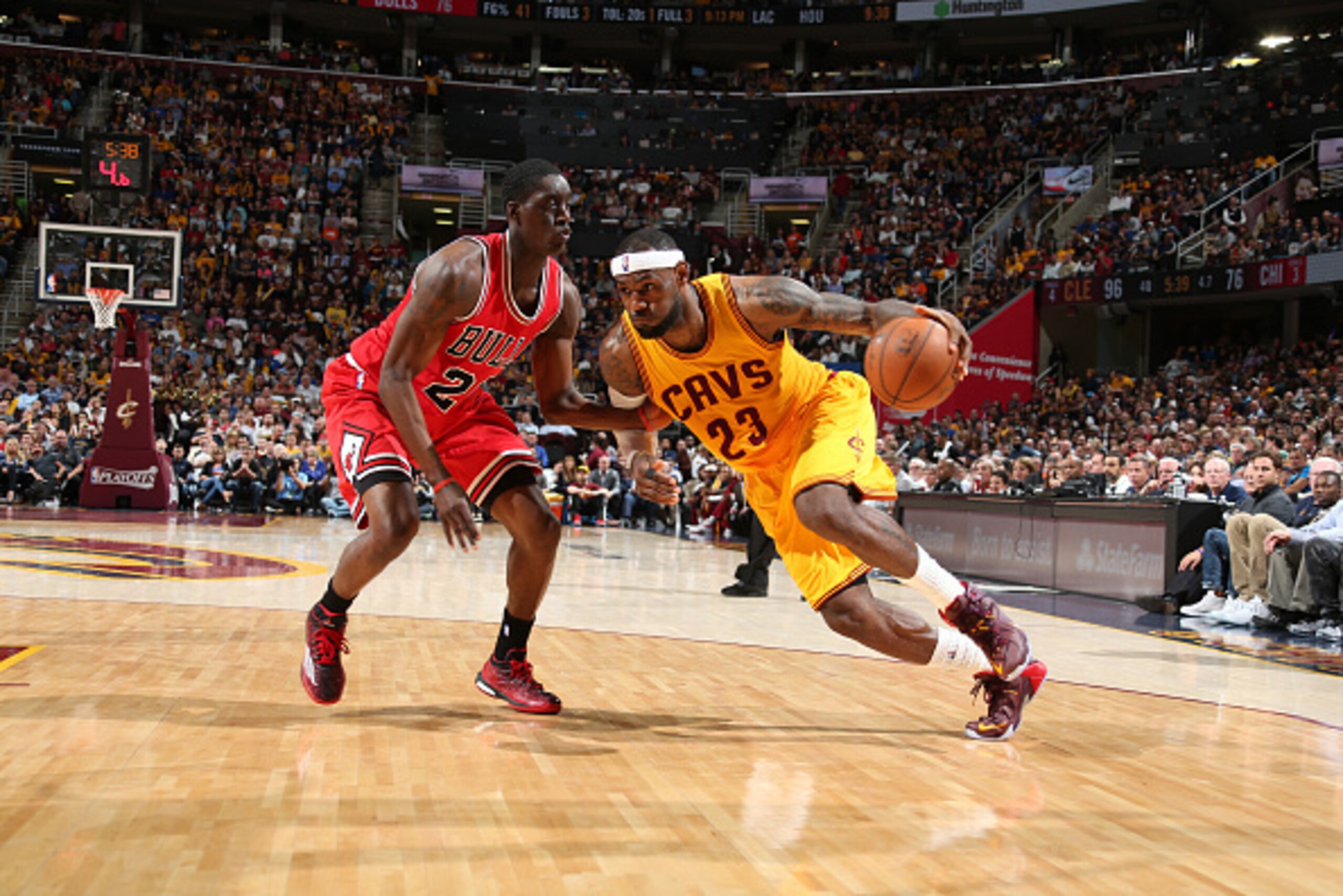 CLEVELAND, OH - MAY 6: LeBron James #23 of the Cleveland Cavaliers drives against Tony Snell #20 of the Chicago Bulls in Game Two of the Eastern Conference Semifinals during the 2015 NBA Playoffs on May 6, 2015 at Quicken Loans Arena in Cleveland, Ohio.  