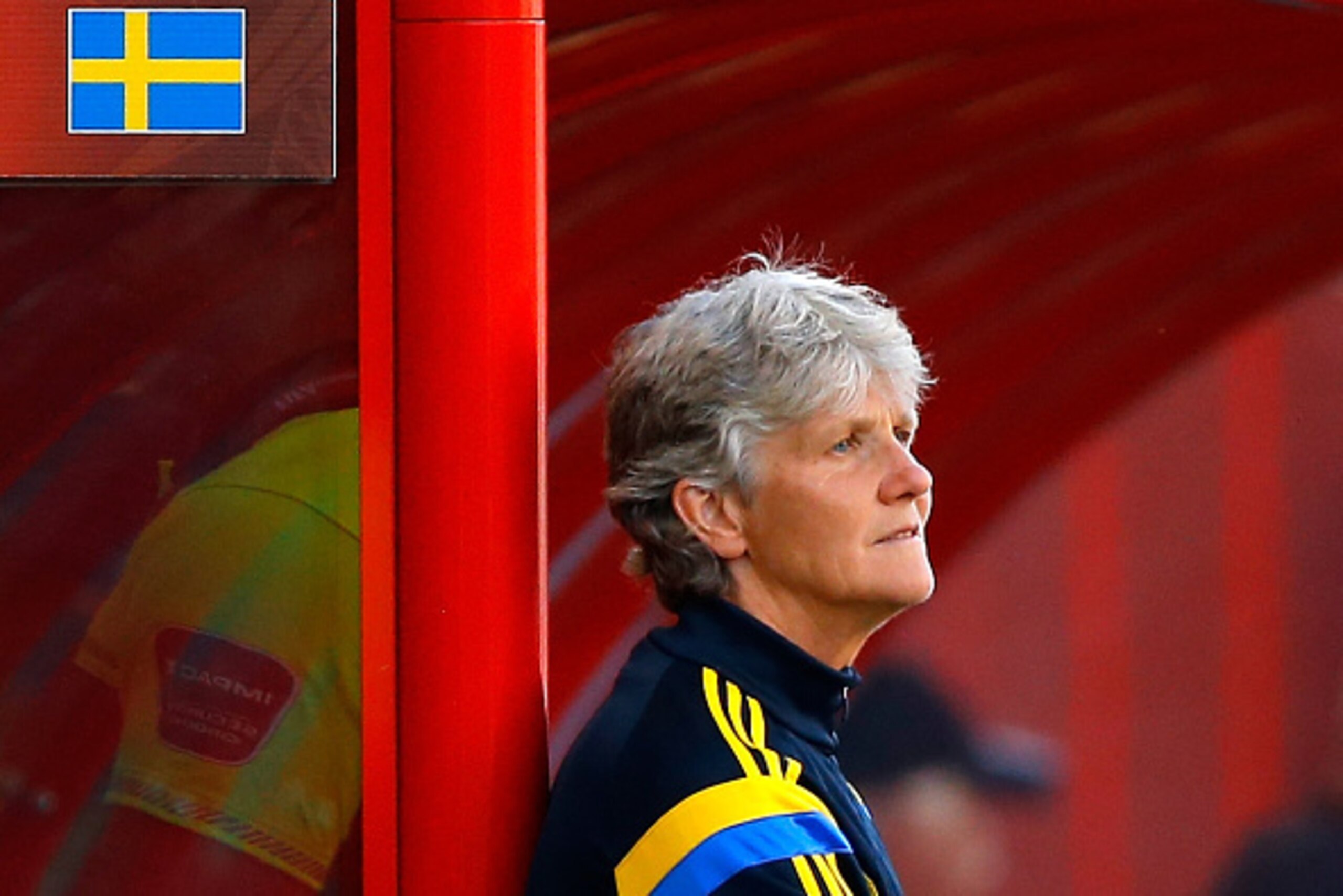 WINNIPEG, MB - JUNE 12:  Head coach Pia Sundhage of Sweden watches her team in the first half taking on the United States in the FIFA Women's World Cup Canada 2015 match at Winnipeg Stadium on June 12, 2015 in Winnipeg, Canada.  (Photo by Kevin C. Cox/Get