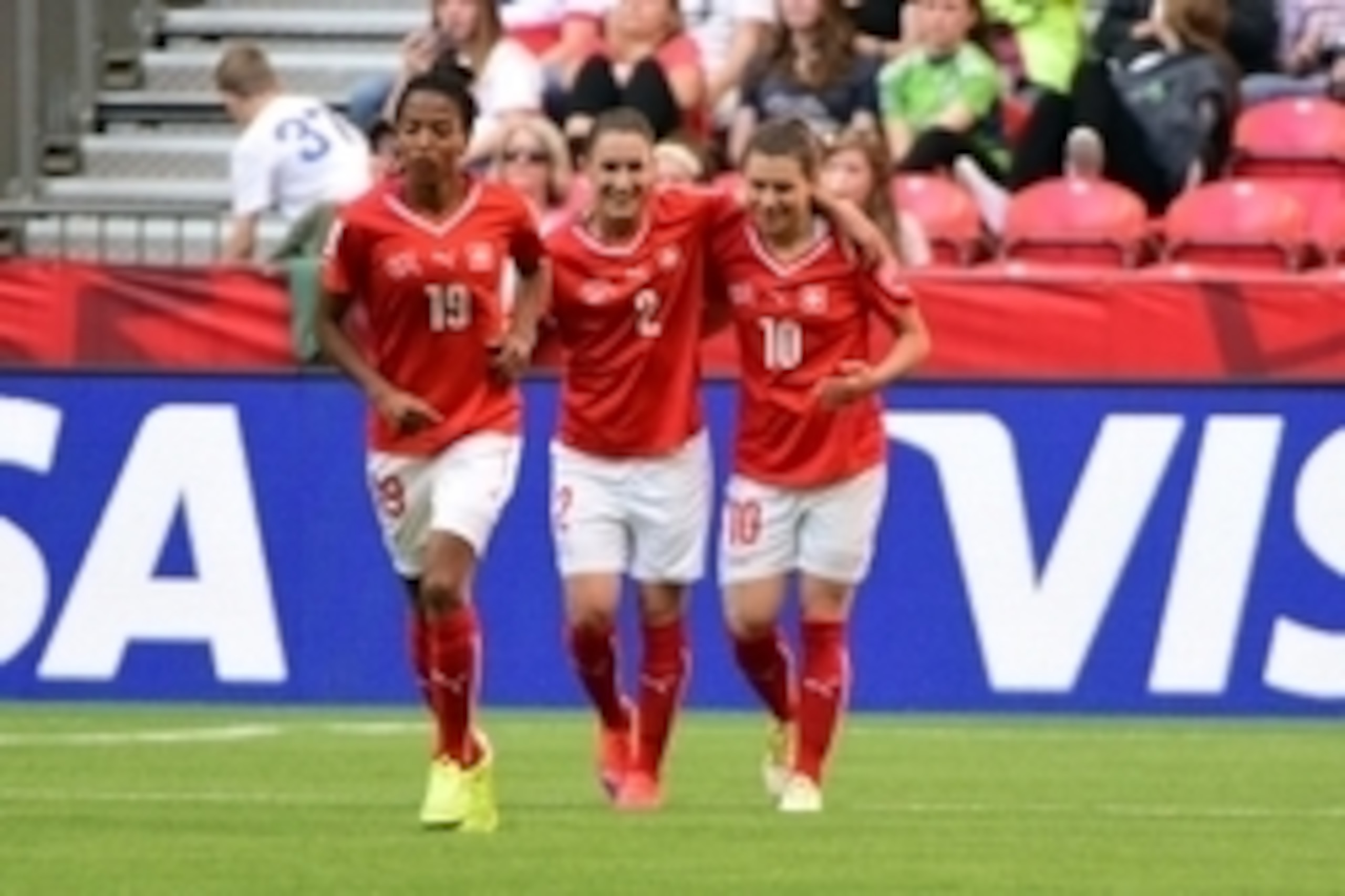 Jun 12, 2015; Vancouver, British Columbia, CAN; Switzerland forward Ramona Bachmann (10) celebrates with teammates after scoring a goal against Ecuador during the second half in a Group C soccer match in the 2015 FIFA women's World Cup at BC Place Stadium