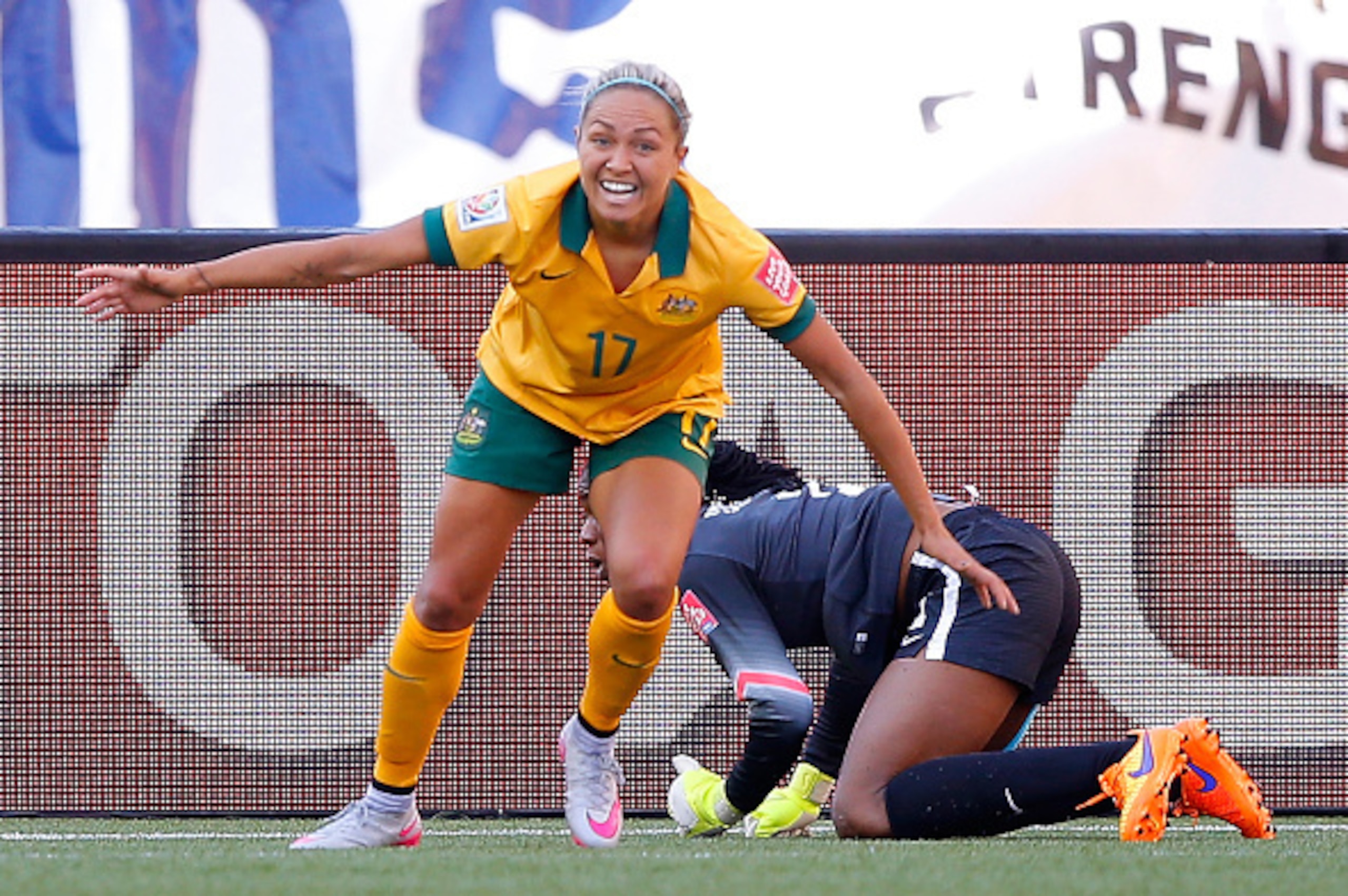 WINNIPEG, MB - JUNE 12:  Kyah Simon #17 of Australia reacts after scoring her second goal past goalkeeper Precious Dede #1 of Nigeria during the FIFA Women's World Cup Canada 2015 match between Australia and Nigeria at Winnipeg Stadium on June 12, 2015 in