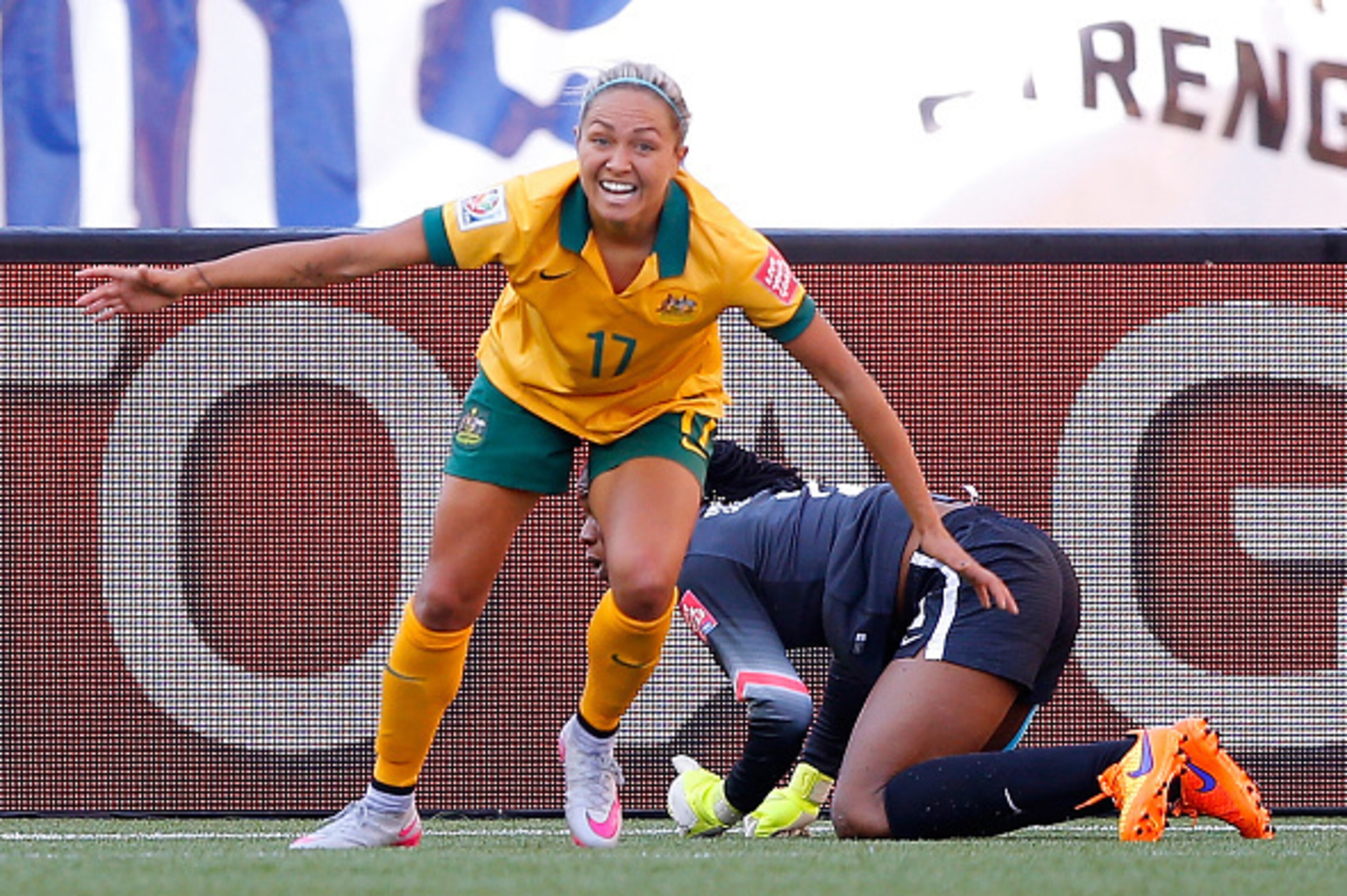 WINNIPEG, MB - JUNE 12:  Kyah Simon #17 of Australia reacts after scoring her second goal past goalkeeper Precious Dede #1 of Nigeria during the FIFA Women's World Cup Canada 2015 match between Australia and Nigeria at Winnipeg Stadium on June 12, 2015 in