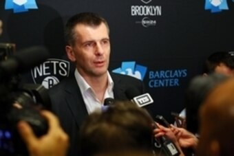 Nov 3, 2014; Brooklyn, NY, USA;  Brooklyn Nets owner Mikhail Prokhorov speaks to the media before the game against the Oklahoma City Thunder at Barclays Center. Mandatory Credit: Anthony Gruppuso-USA TODAY Sports