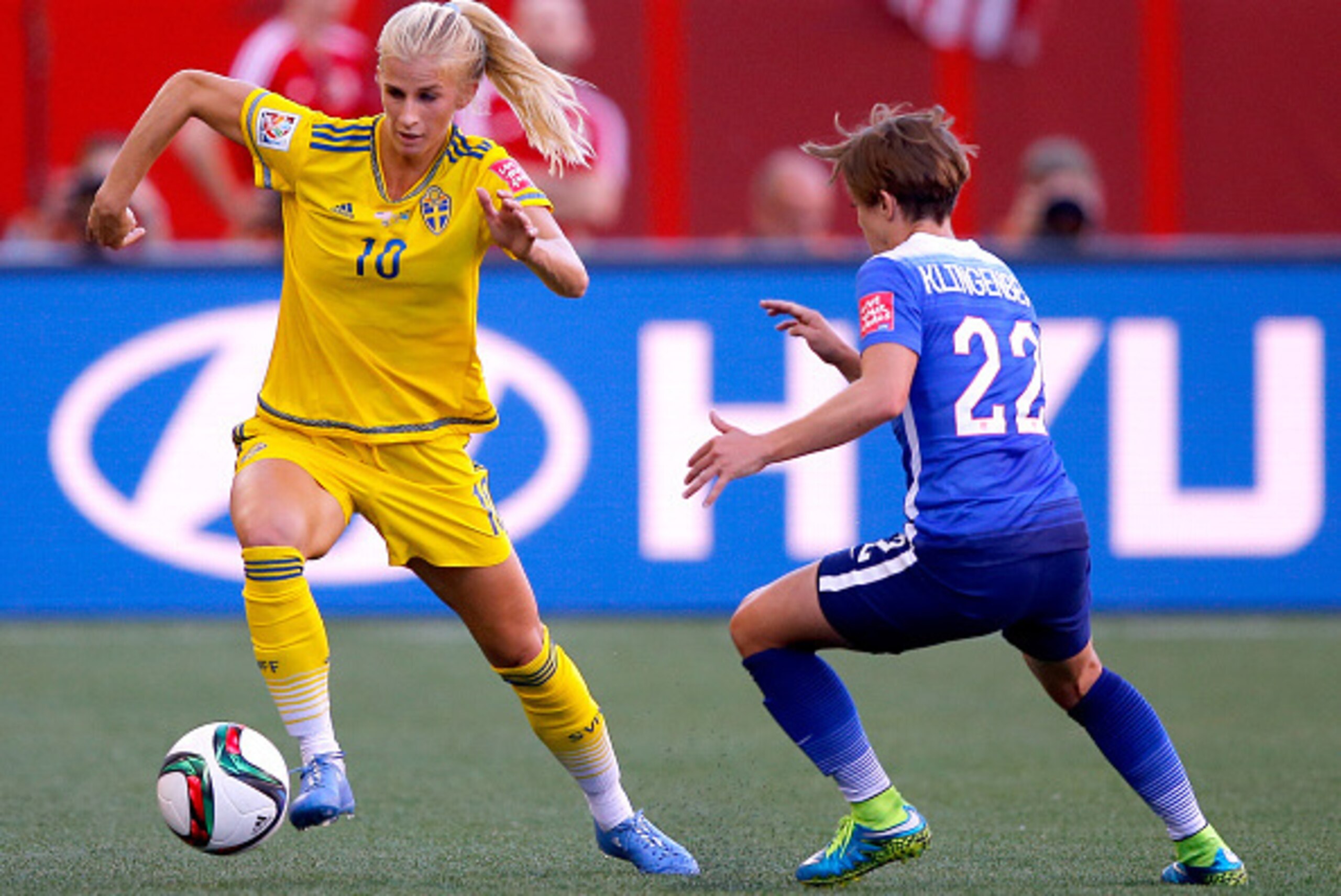 WINNIPEG, MB - JUNE 12:  Sofia Jakobsson #10 of Sweden with the ball against Meghan Klingenberg #22 of the United States in the first half in the FIFA Women's World Cup Canada 2015 match at Winnipeg Stadium on June 12, 2015 in Winnipeg, Canada.  (Photo by