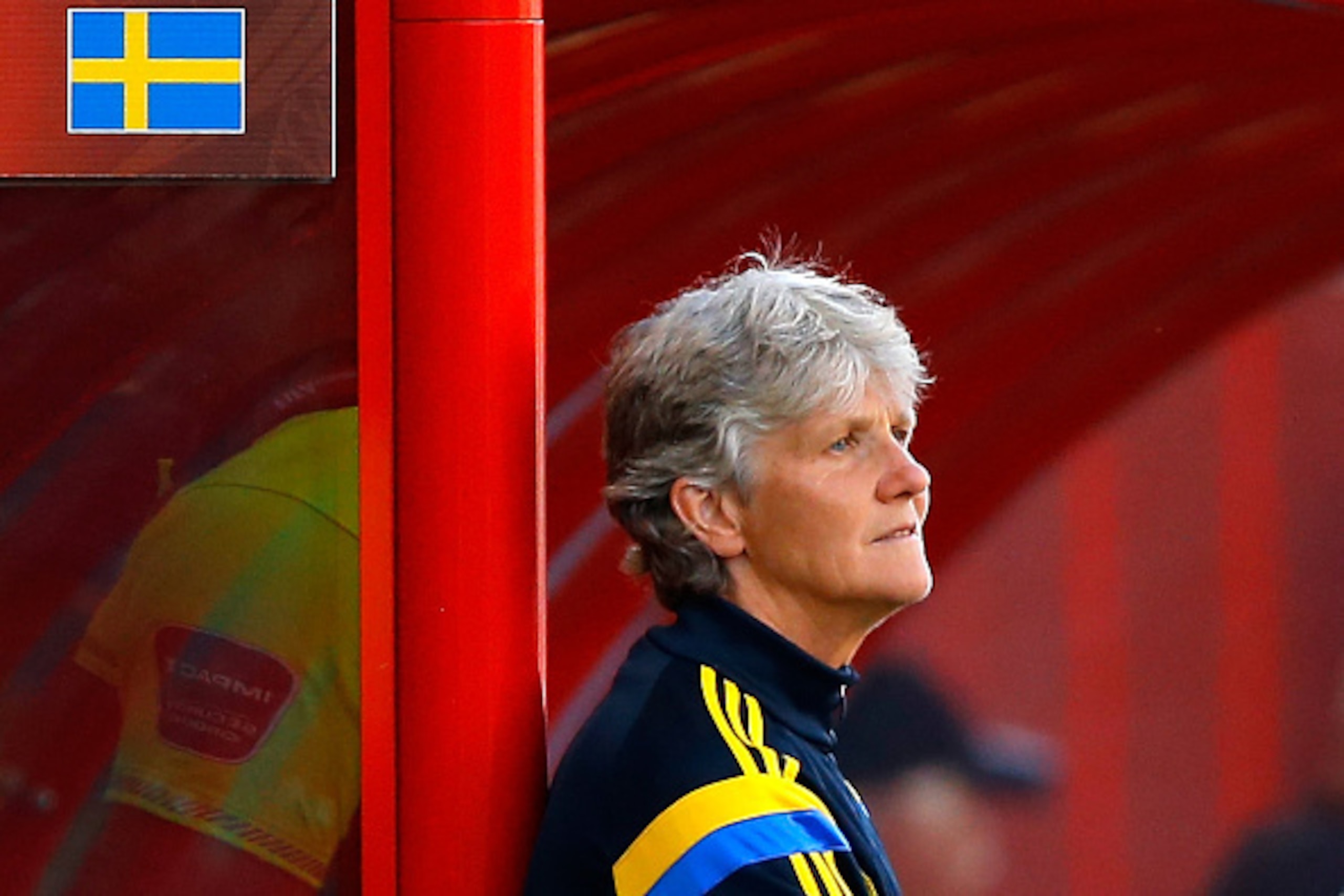 WINNIPEG, MB - JUNE 12:  Head coach Pia Sundhage of Sweden watches her team in the first half taking on the United States in the FIFA Women's World Cup Canada 2015 match at Winnipeg Stadium on June 12, 2015 in Winnipeg, Canada.  (Photo by Kevin C. Cox/Get