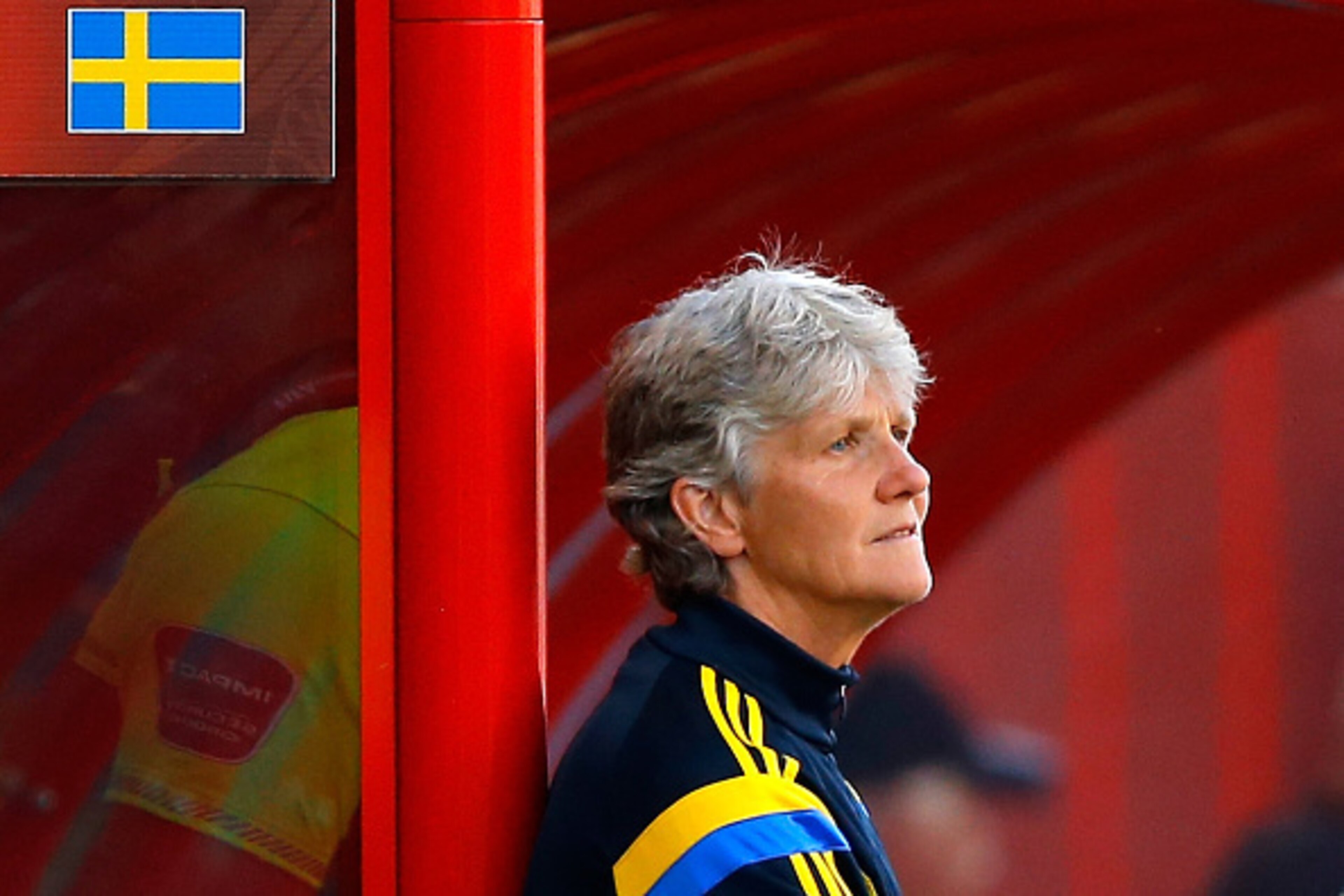 WINNIPEG, MB - JUNE 12:  Head coach Pia Sundhage of Sweden watches her team in the first half taking on the United States in the FIFA Women's World Cup Canada 2015 match at Winnipeg Stadium on June 12, 2015 in Winnipeg, Canada.  (Photo by Kevin C. Cox/Get