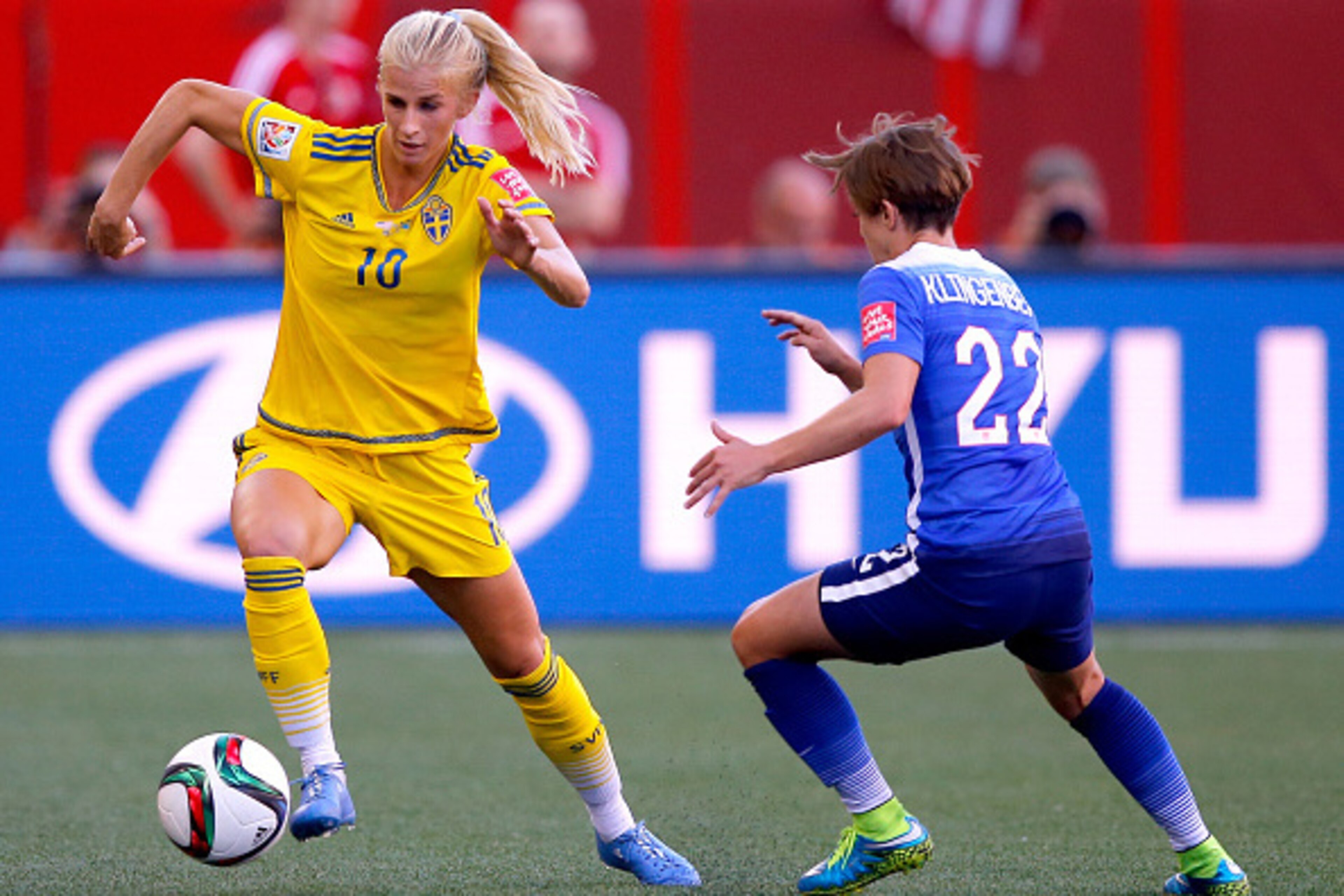 WINNIPEG, MB - JUNE 12:  Sofia Jakobsson #10 of Sweden with the ball against Meghan Klingenberg #22 of the United States in the first half in the FIFA Women's World Cup Canada 2015 match at Winnipeg Stadium on June 12, 2015 in Winnipeg, Canada.  (Photo by