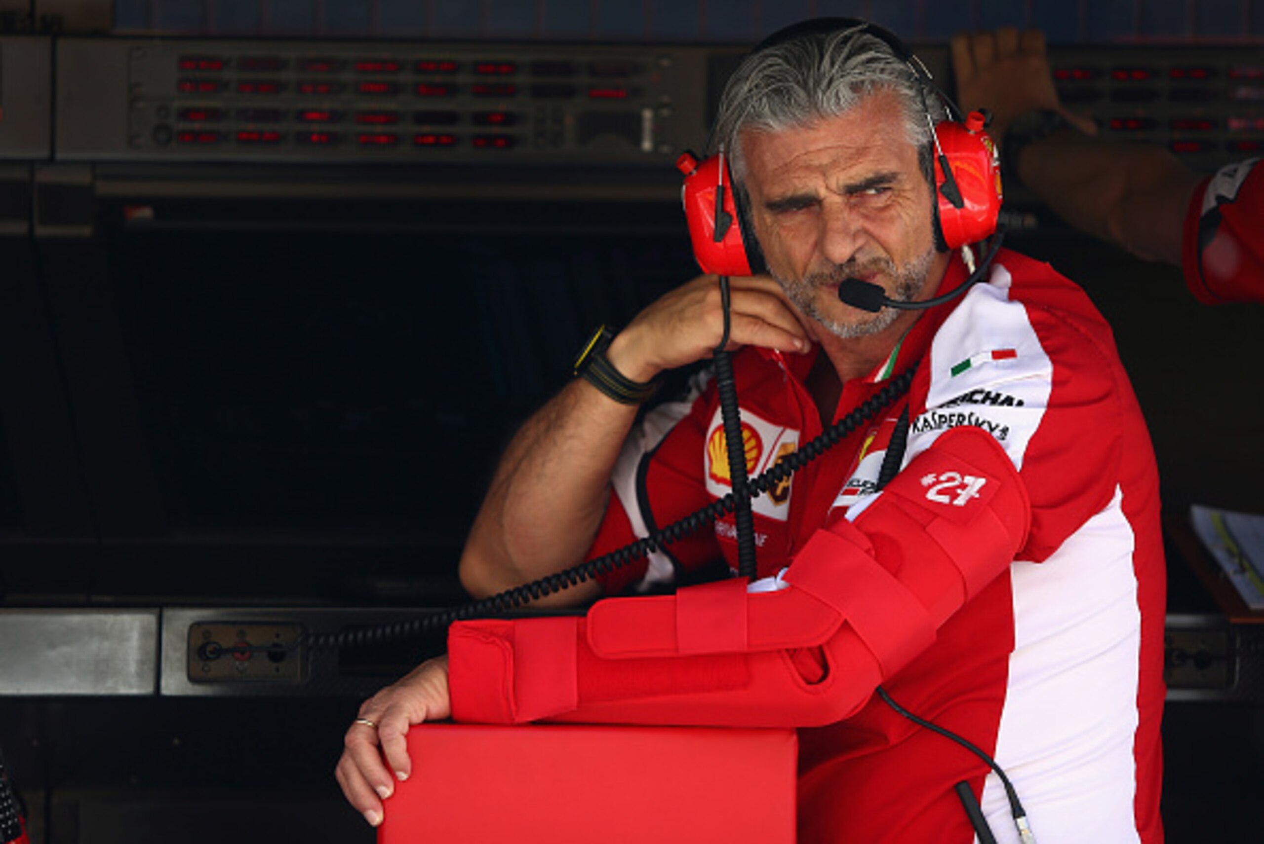 MONTMELO, SPAIN - MAY 09:  Ferrari Team Principal Maurizio Arrivabene looks on in the garage during final practice for the Spanish Formula One Grand Prix at Circuit de Catalunya on May 9, 2015 in Montmelo, Spain.  (Photo by Clive Mason/Getty Images)