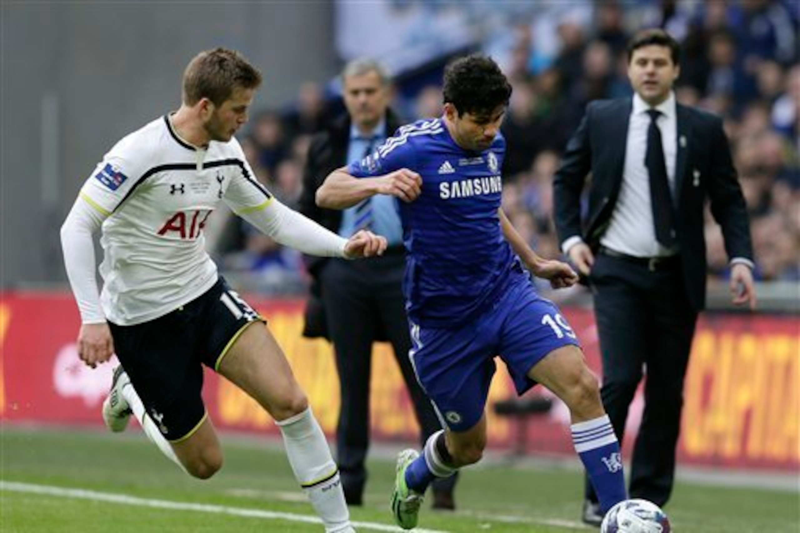Pochettino watches on as Eric Dier challenges Diego Costa during the Capital One Cup final. It was one of the young man's better performances at centre-back this season.