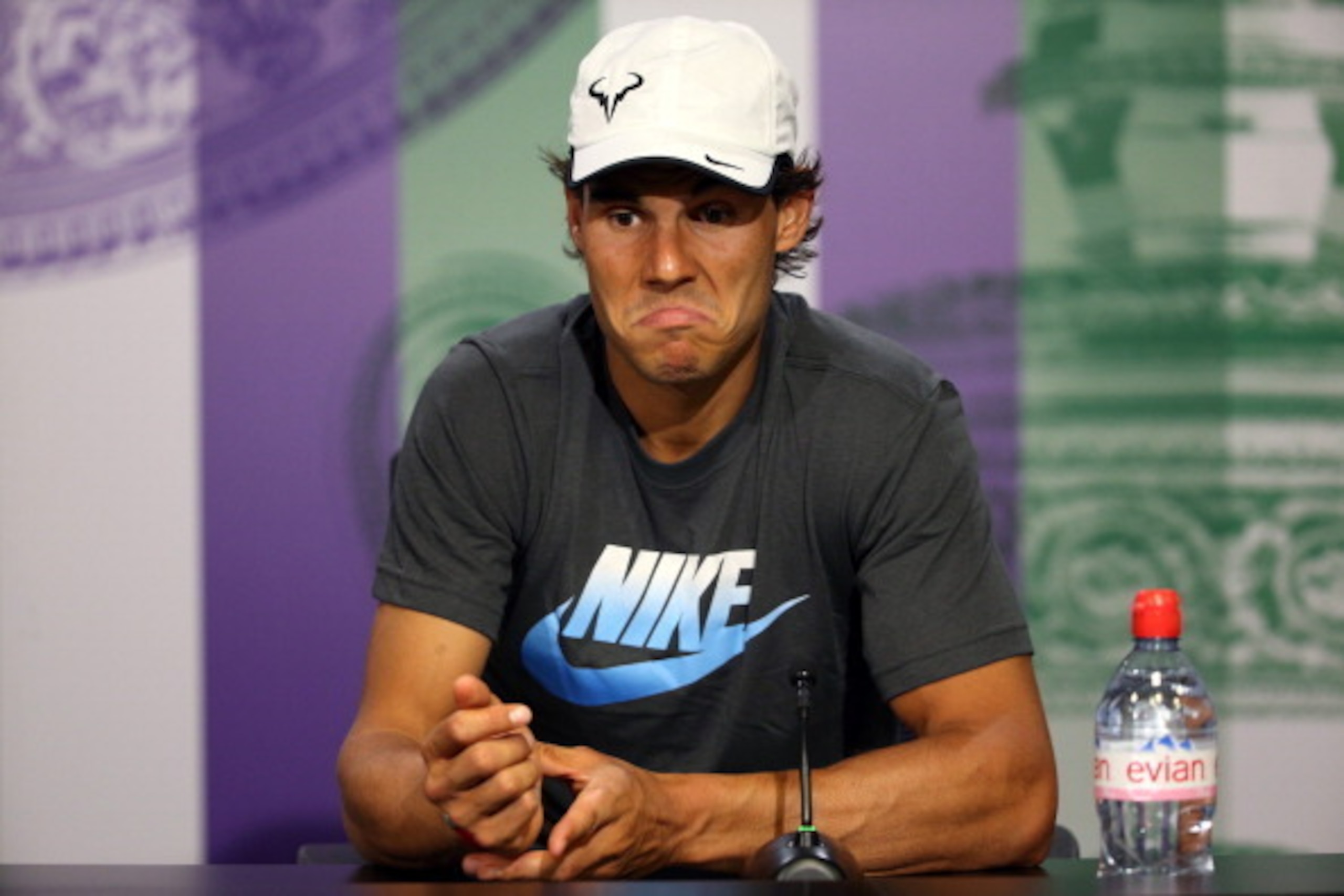 LONDON, ENGLAND - JULY 01:  Rafael Nadal of Spain speaks during a press conference after losing his Gentlemen's Singles fourth round match against Nick Kyrgios of Australia on day eight of the Wimbledon Lawn Tennis Championships at the All England Lawn Te
