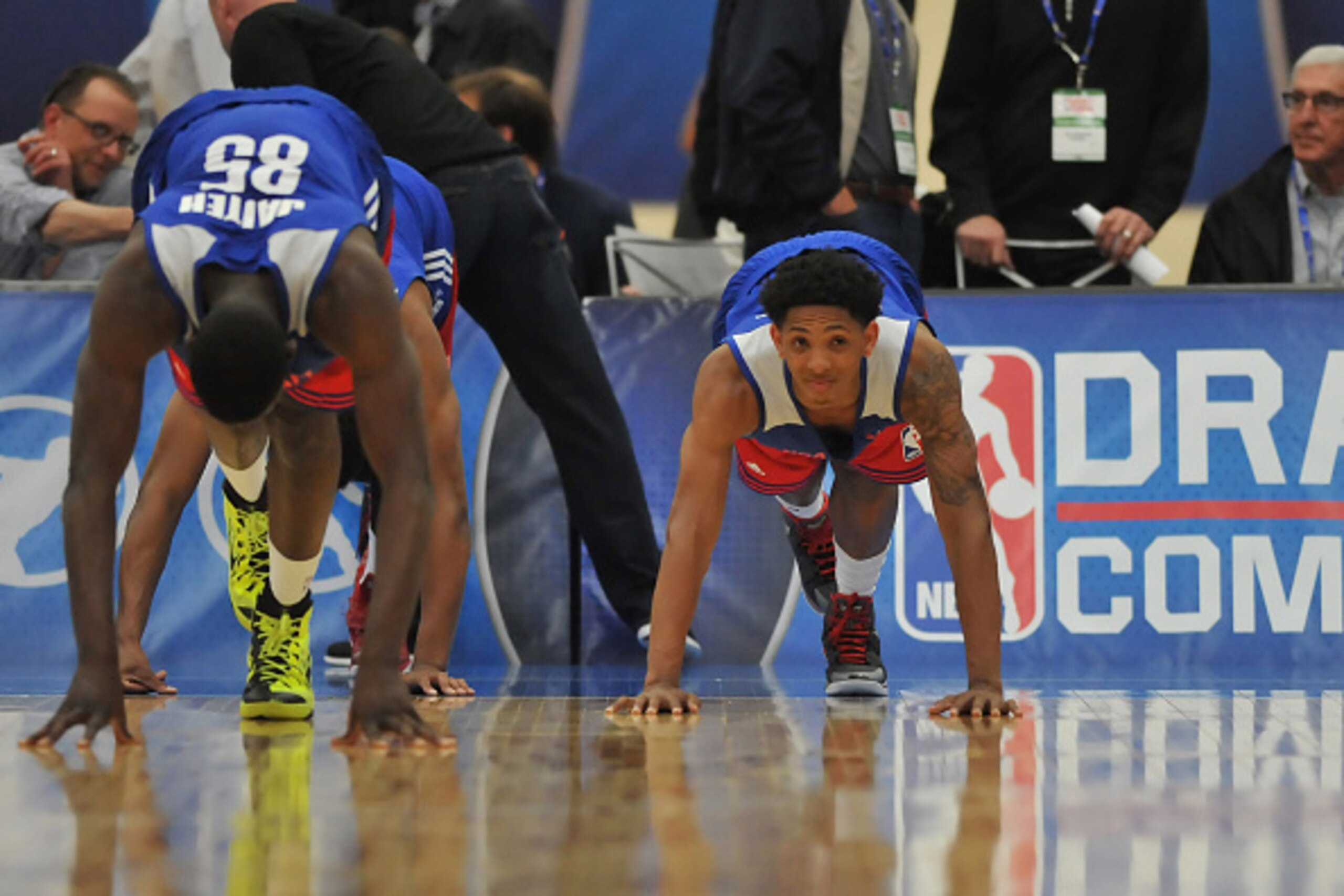 CHICAGO, IL - MAY 14:  Mouhammadou Jaiteh #85 and Cameron Payne #4 complete a stretching drill during the 2015 NBA Draft Combine on May 14, 2015 at Quest Multiplex in Chicago, Illinois. NOTE TO USER: User expressly acknowledges and agrees that, by downloa