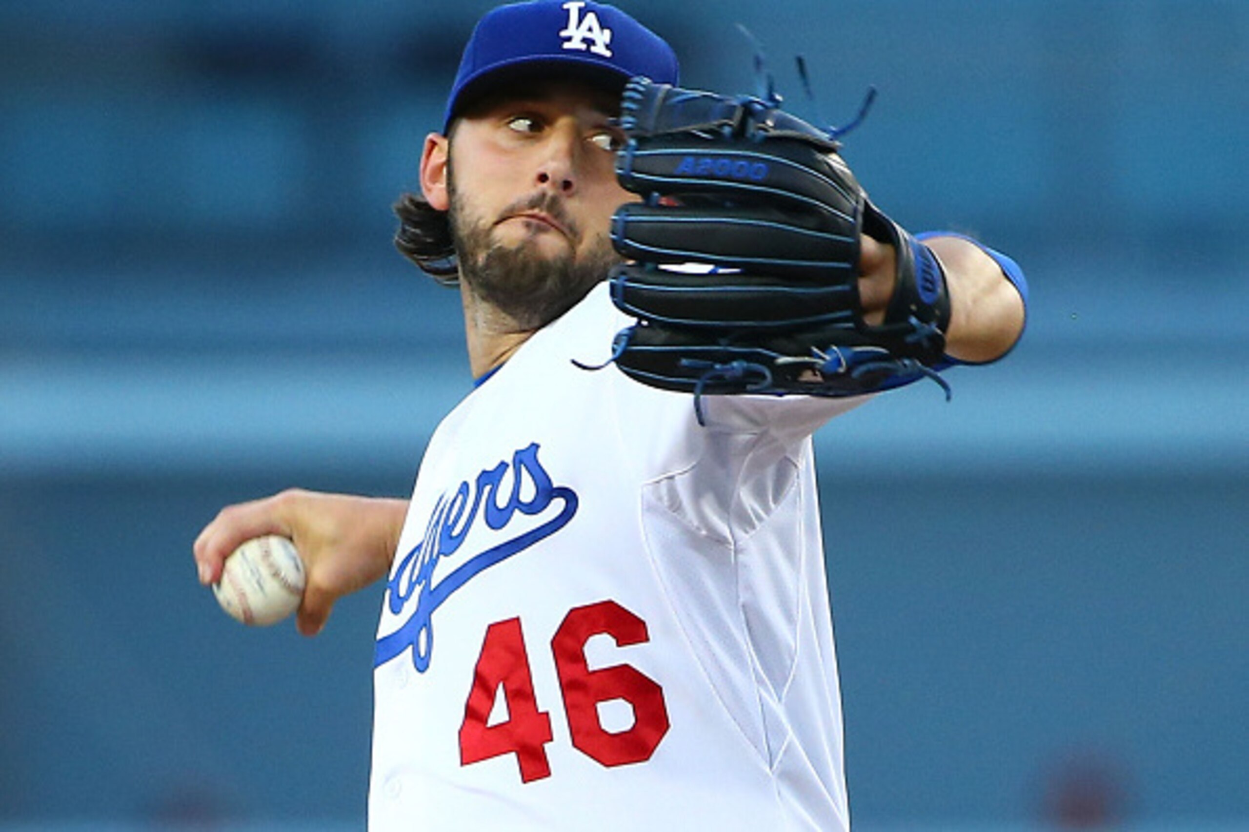 LOS ANGELES, CA - JUNE 08:  Pitcher Mike Bolsinger #46 of the Los Angeles Dodgers pitches in the second inning during the MLB game against the Arizona Diamondbacks at Dodger Stadium on June 8, 2015 in Los Angeles, California.  (Photo by Victor Decolongon/