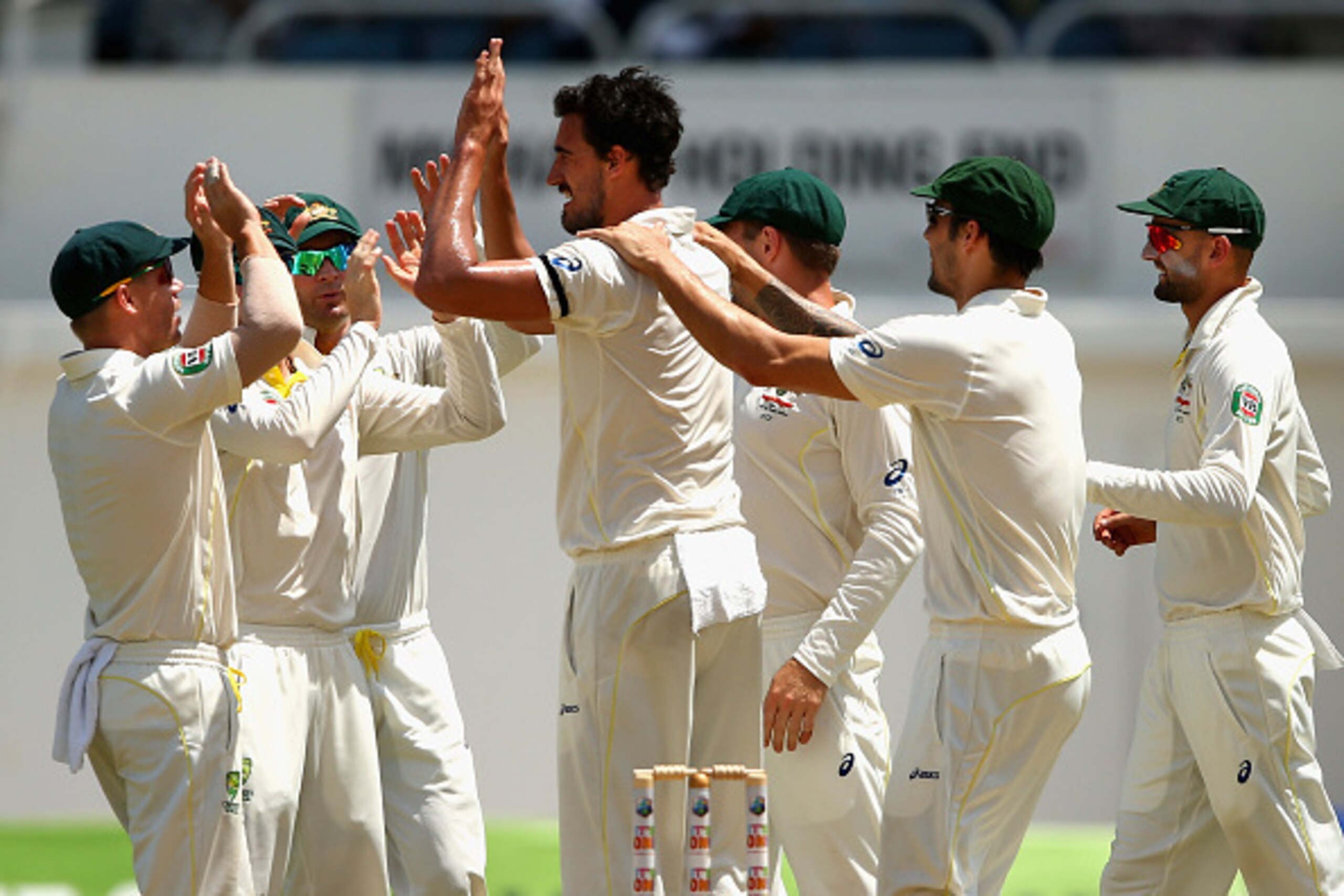 KINGSTON, JAMAICA - JUNE 12:  Mitchell Starc of Australia celebrates after taking the wicket of Rajendra Chandrika of West Indies during day two of the Second Test match between Australia and the West Indies at Sabina Park on June 12, 2015 in Kingston, Ja