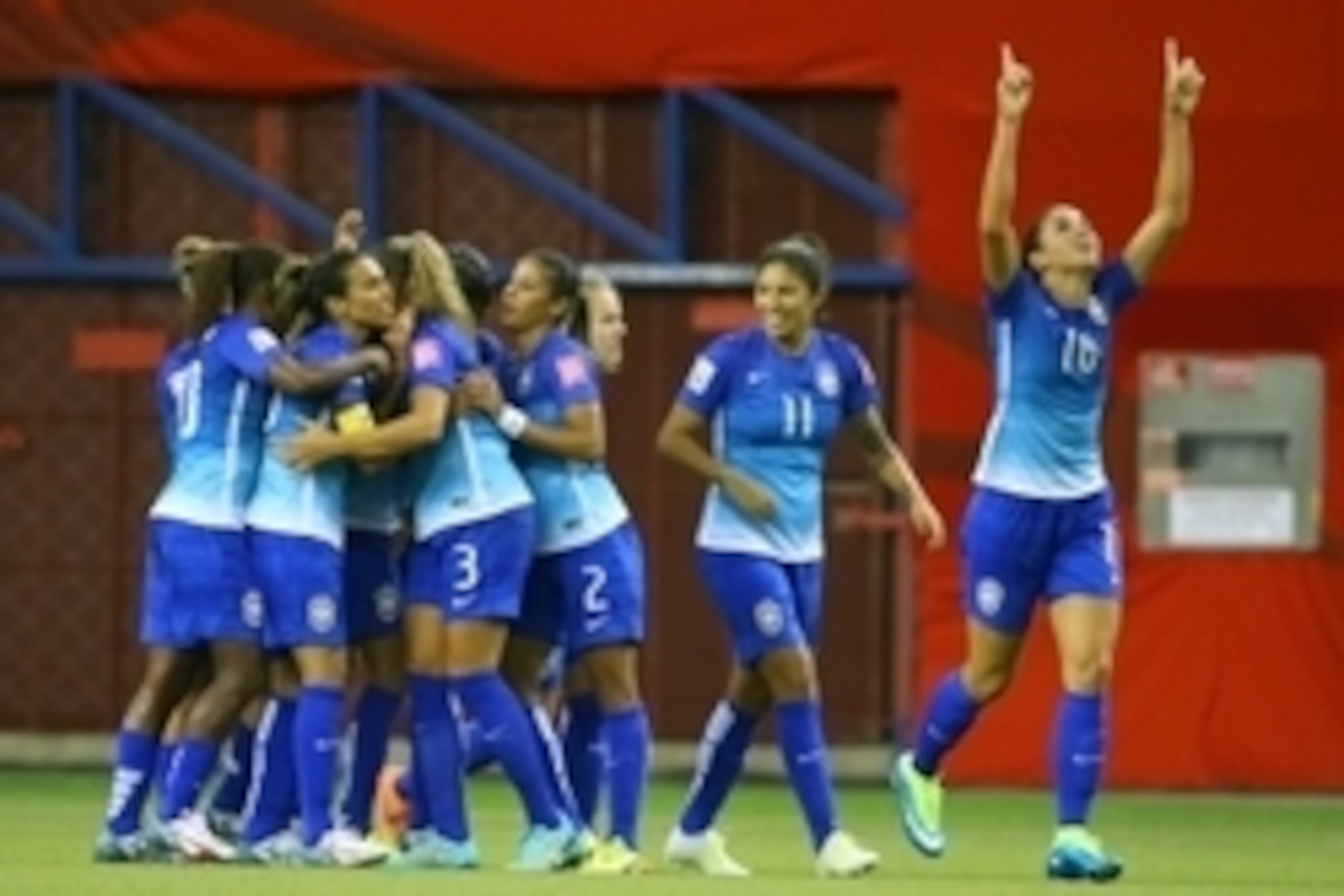 Jun 13, 2015; Montreal, Quebec, CAN; Brazil defender Rafaelle (16) celebrates a goal by Brazil midfielder Andressa Alves against Spain in the first half of a Group E soccer match in the 2015 FIFA women's World Cup at Olympic Stadium. Mandatory Credit: Jea