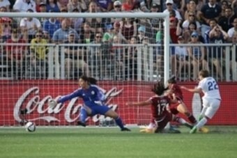 Jun 13, 2015; Moncton, New Brunswick, CAN; England forward Fran Kirby (22) scores a goal during the second half against Mexico in a Group F soccer match in the 2015 FIFA women's World Cup at Moncton Stadium. Mandatory Credit: Matt Kryger-USA TODAY Sports