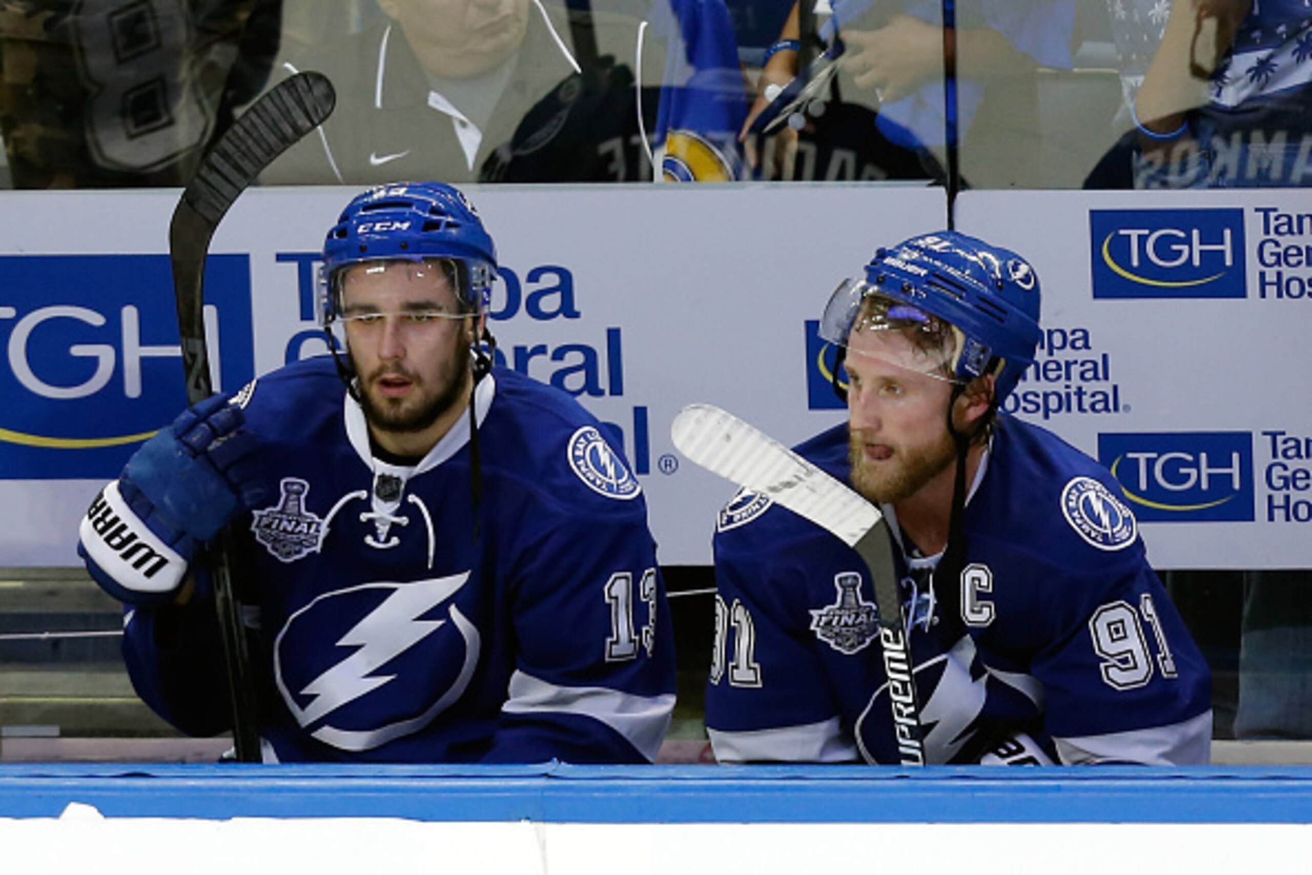 TAMPA, FL - JUNE 13:  Cedric Paquette #13 and Steven Stamkos #91 of the Tampa Bay Lightning looks on from the bench during the third period in Game Five of the 2015 NHL Stanley Cup Final against the Chicago Blackhawks at Amalie Arena on June 13, 2015 in T