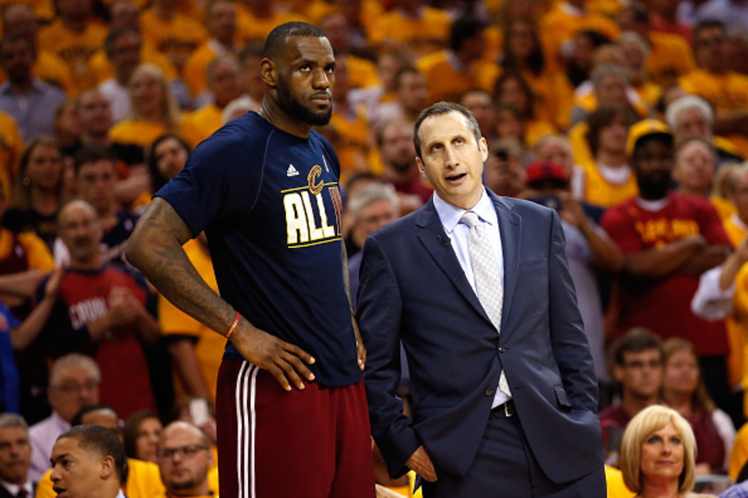 CLEVELAND, OH - MAY 26: Head coach David Blatt of the Cleveland Cavaliers speaks to LeBron James #23 late in the fourth quarter against the Atlanta Hawks during Game Four of the Eastern Conference Finals of the 2015 NBA Playoffs at Quicken Loans Arena on CLEVELAND, OH - MAY 26: Head coach David Blatt of the Cleveland Cavaliers speaks to LeBron James #23 late in the fourth quarter against the Atlanta Hawks during Game Four of the Eastern Conference Finals of the 2015 NBA Playoffs at Quicken Loans Arena on
