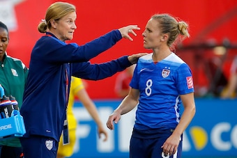 WINNIPEG, MB - JUNE 12:  Head coach Jill Ellis of the United States talks with Amy Rodriguez #8 in the second half against Sweden in the FIFA Women's World Cup Canada 2015 match at Winnipeg Stadium on June 12, 2015 in Winnipeg, Canada.  (Photo by Kevin C.