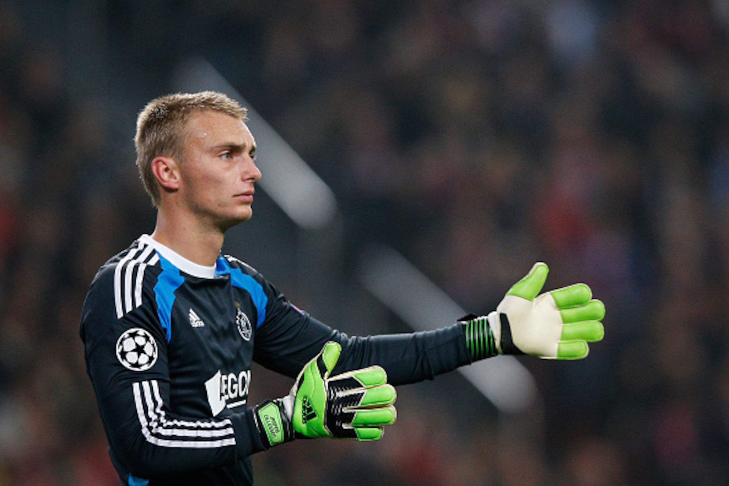 AMSTERDAM, NETHERLANDS - NOVEMBER 05:  Goalkeeper, Jasper Cillessen of Ajax speaks to team mates during the UEFA Champions League Group F match between AFC Ajax and FC Barcelona at The Amsterdam Arena on November 5, 2014 in Amsterdam, Netherlands.  (Photo