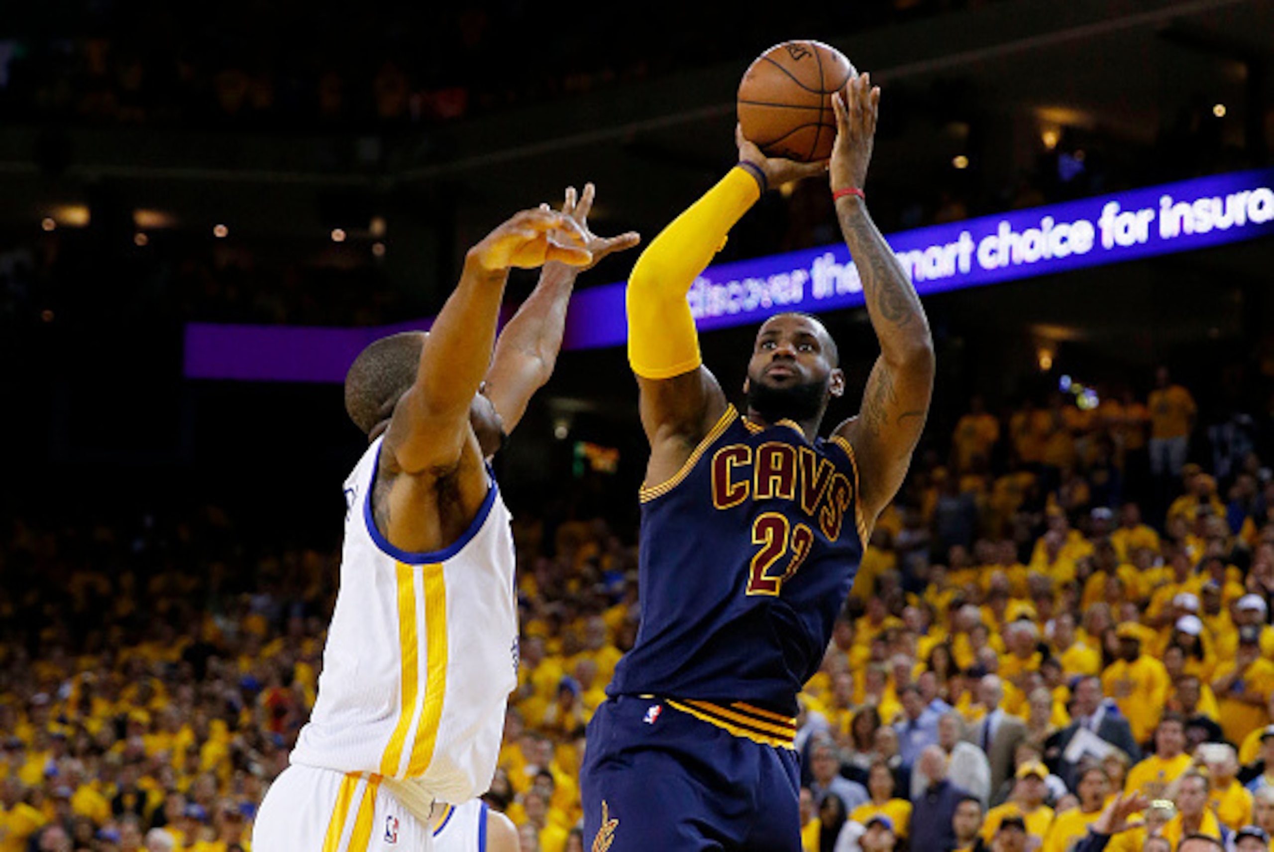 OAKLAND, CA - JUNE 14: LeBron James #23 of the Cleveland Cavaliers shoots against Andre Iguodala #9 of the Golden State Warriors in the second half during Game Five of the 2015 NBA Finals at ORACLE Arena on June 14, 2015 in Oakland, California. NOTE TO U OAKLAND, CA - JUNE 14: LeBron James #23 of the Cleveland Cavaliers shoots against Andre Iguodala #9 of the Golden State Warriors in the second half during Game Five of the 2015 NBA Finals at ORACLE Arena on June 14, 2015 in Oakland, California. NOTE TO U