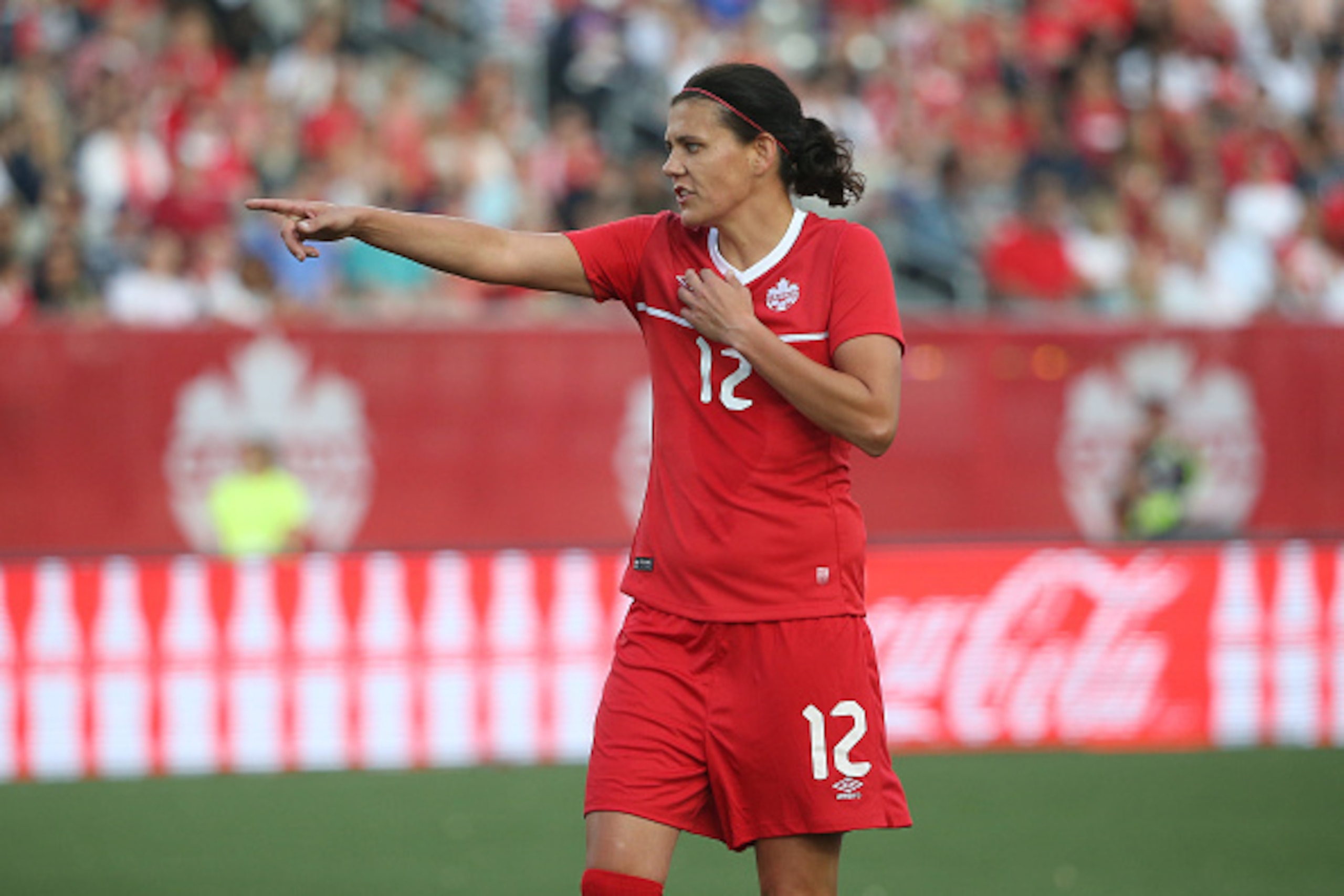 HAMILTON, CANADA - MAY 29: Christine Sinclair #12 of Canada during the match against England during their Womenâs International Friendly match on May 29, 2015 at Tim Hortons Field in Hamilton, Ontario, Canada. (Photo by Tom Szczerbowski/Getty Images)