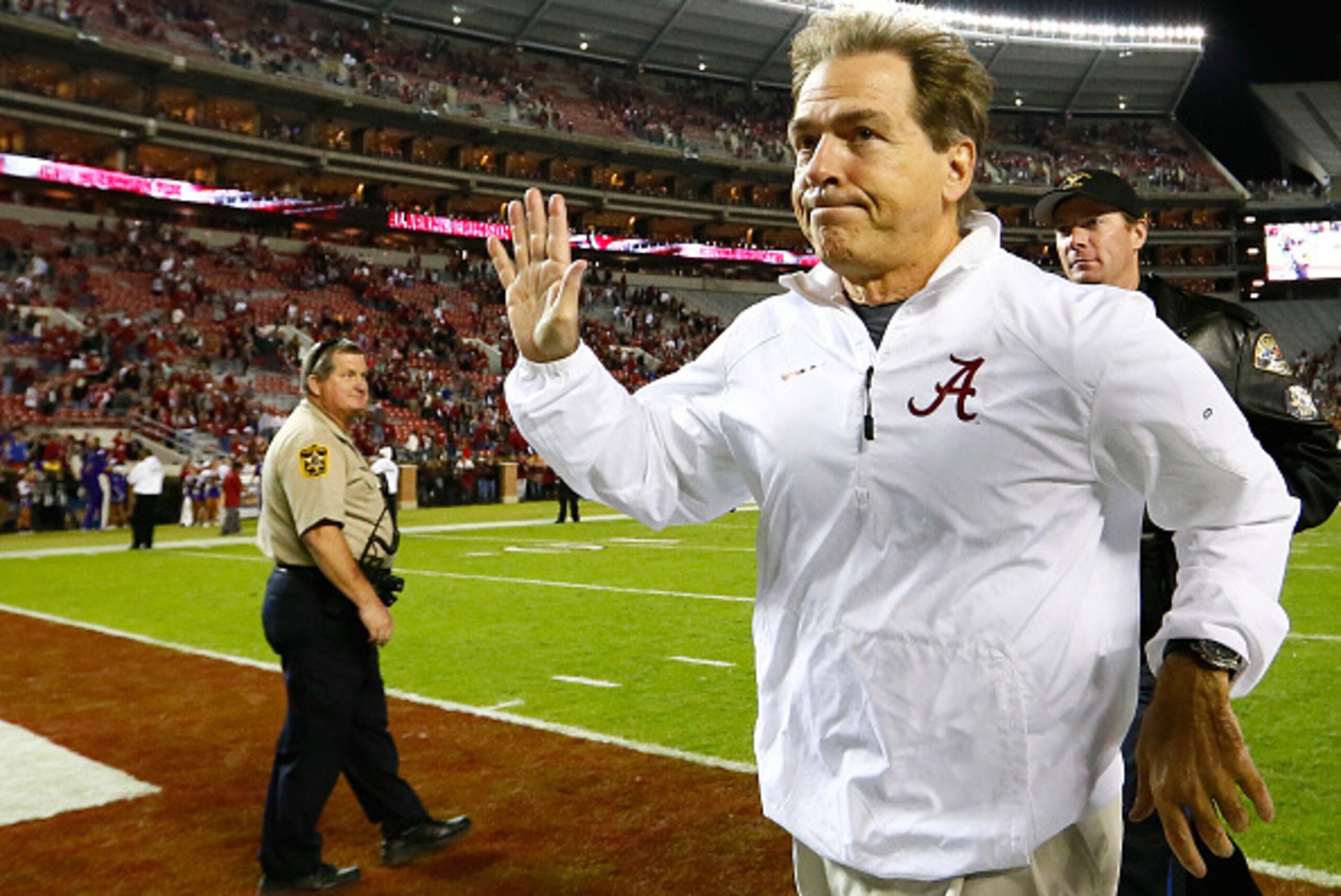 TUSCALOOSA, AL - NOVEMBER 22: Head coach Nick Saban of the Alabama Crimson Tide runs off the field after their 48-14 win over the Western Carolina Catamounts at Bryant-Denny Stadium on November 22, 2014 in Tuscaloosa, Alabama. (Photo by Kevin C. Cox/Get TUSCALOOSA, AL - NOVEMBER 22: Head coach Nick Saban of the Alabama Crimson Tide runs off the field after their 48-14 win over the Western Carolina Catamounts at Bryant-Denny Stadium on November 22, 2014 in Tuscaloosa, Alabama. (Photo by Kevin C. Cox/Get