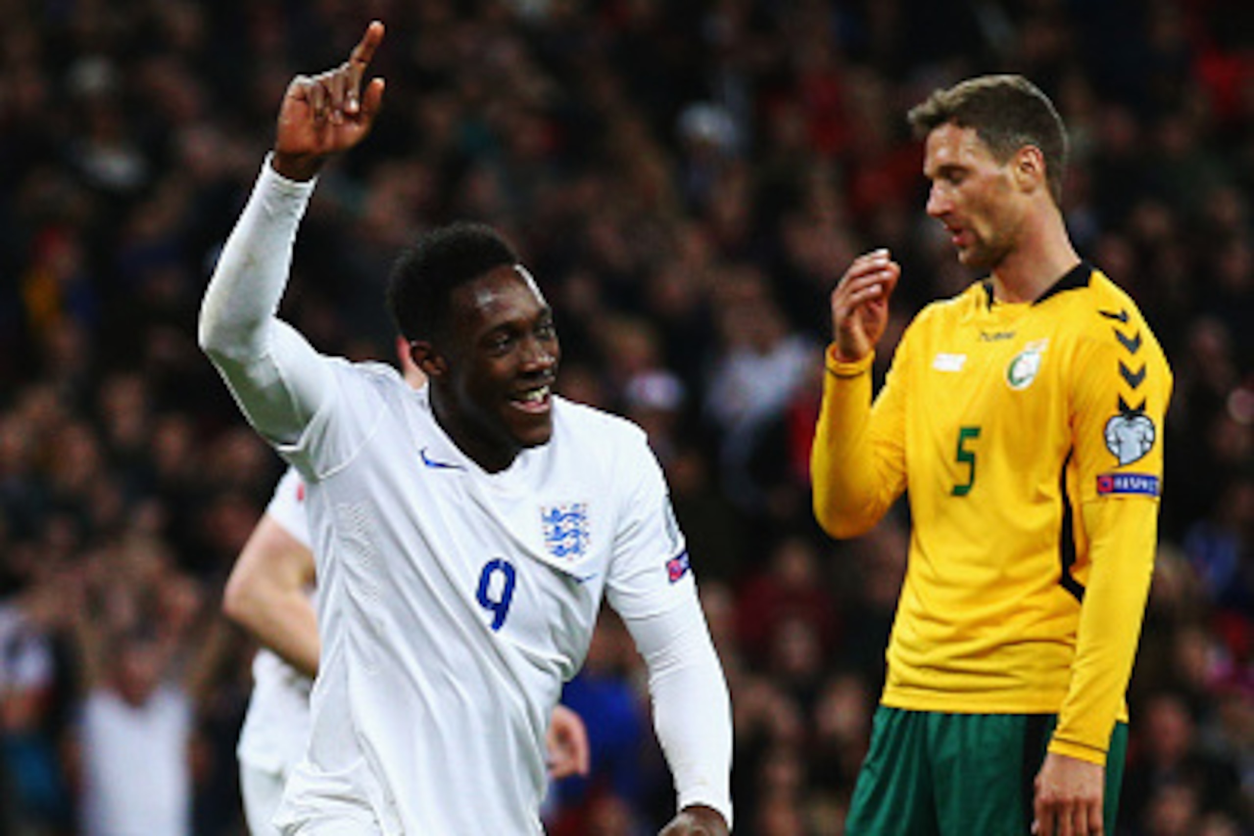 LONDON, ENGLAND - MARCH 27:  Danny Welbeck of England celebrates scoring the second goal during the EURO 2016 Qualifier match between England and Lithuania at Wembley Stadium on March 27, 2015 in London, England.  (Photo by Paul Gilham/Getty Images)
