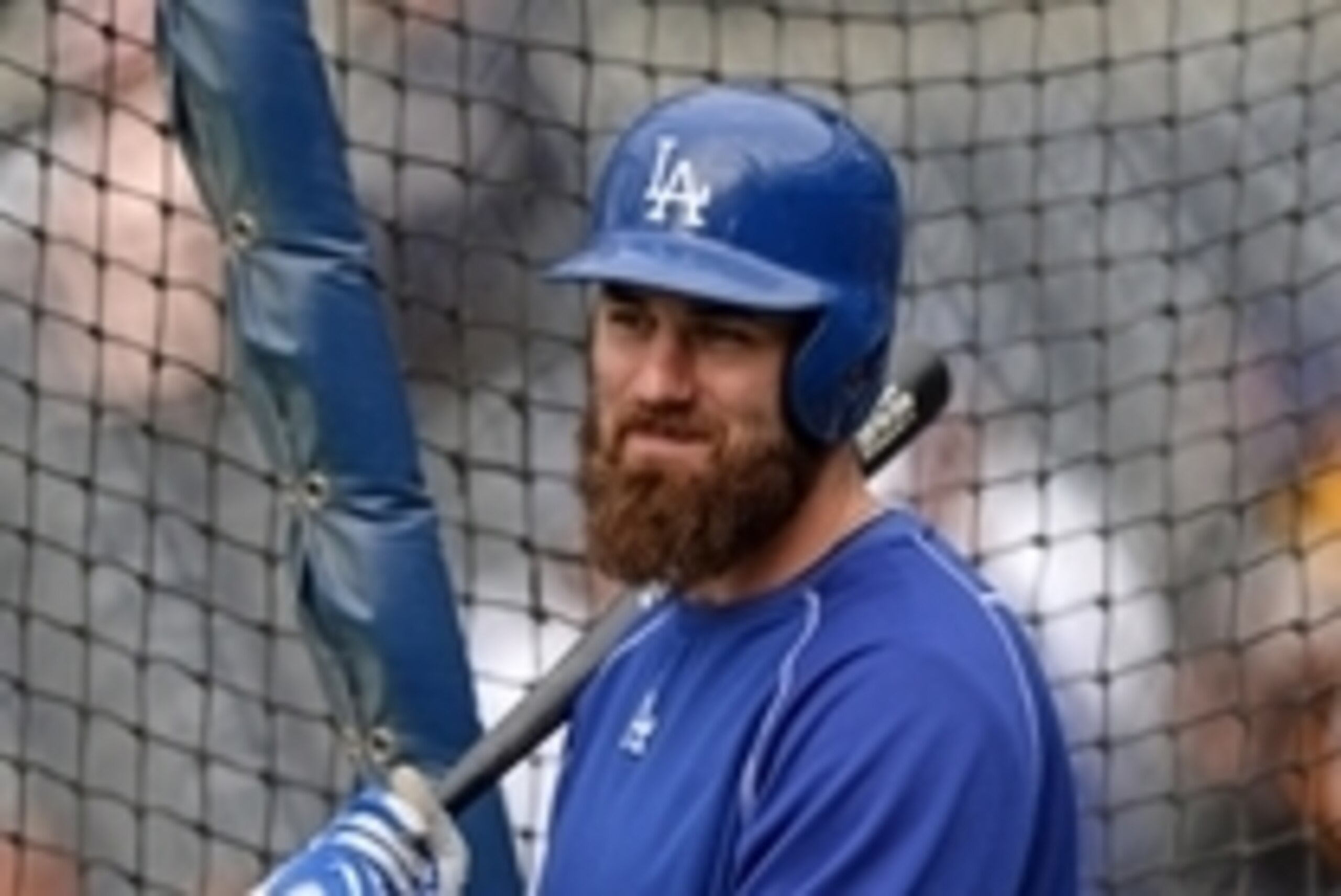 Apr 24, 2015; San Diego, CA, USA; Los Angeles Dodgers left fielder Scott Van Slyke (33) laughs during batting practice before the game against the San Diego Padres at Petco Park. Mandatory Credit: Jake Roth-USA TODAY Sports