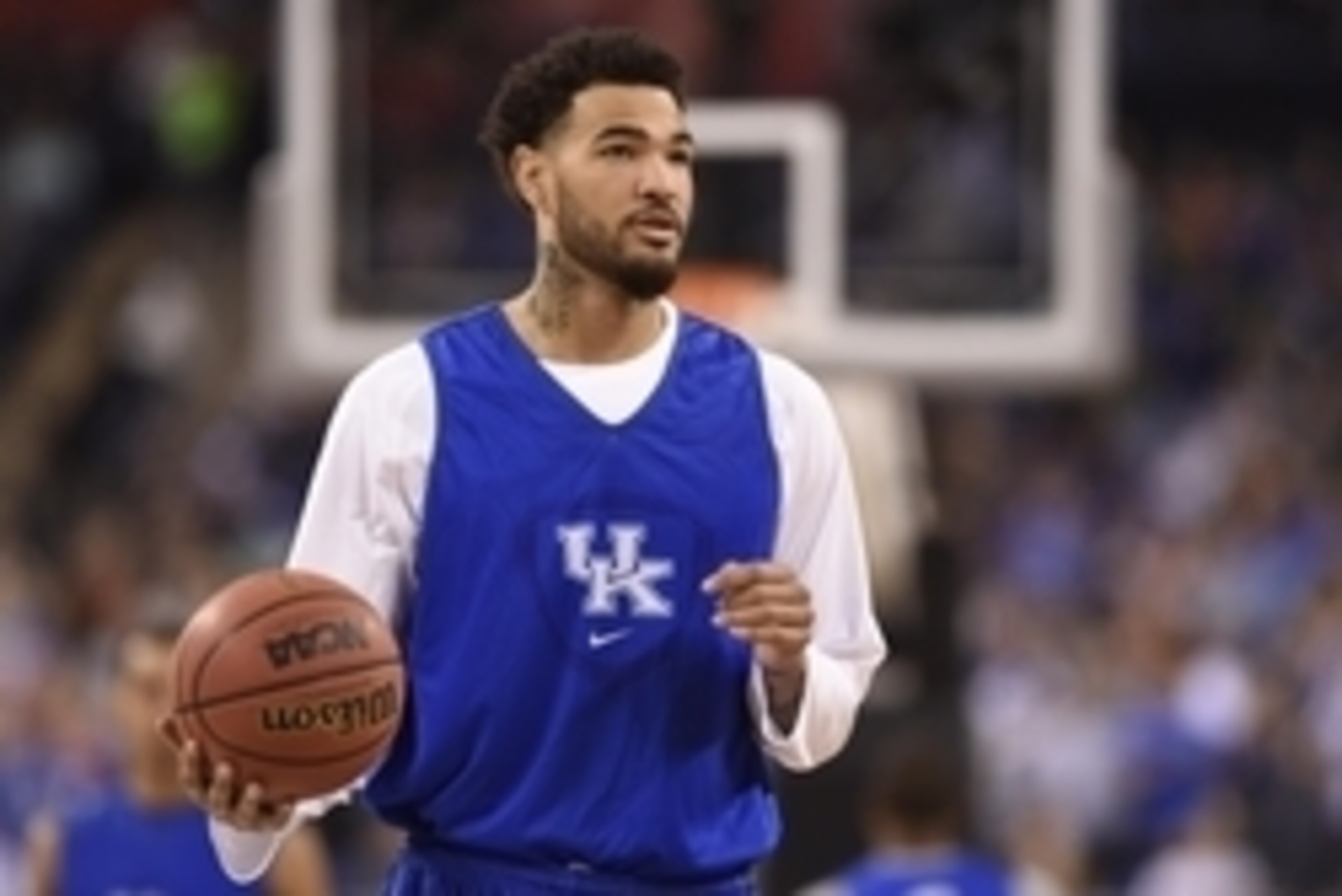 Apr 3, 2015; Indianapolis, IN, USA; Kentucky Wildcats forward Willie Cauley-Stein during practice for the 2015 NCAA Men's Division I Championship semi-final game at Lucas Oil Stadium. Mandatory Credit: Bob Donnan-USA TODAY Sports