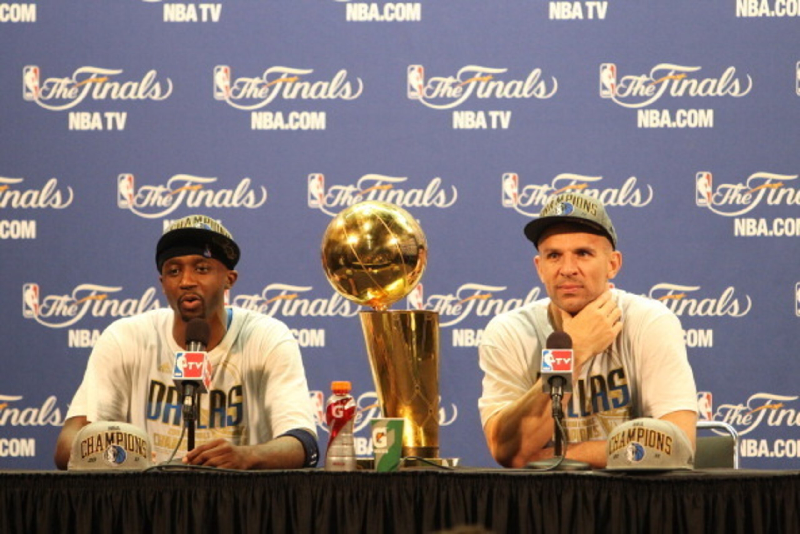 MIAMI, FL - JUNE 12: Jason Terry #31 and Jason Kidd #2 of the Dallas Mavericks talk to the media following Game Six of the 2011 NBA Finals on June 12, 2011 at the American Airlines Arena in Miami, Florida. The Dallas Mavericks defeated the Miami Heat 105-