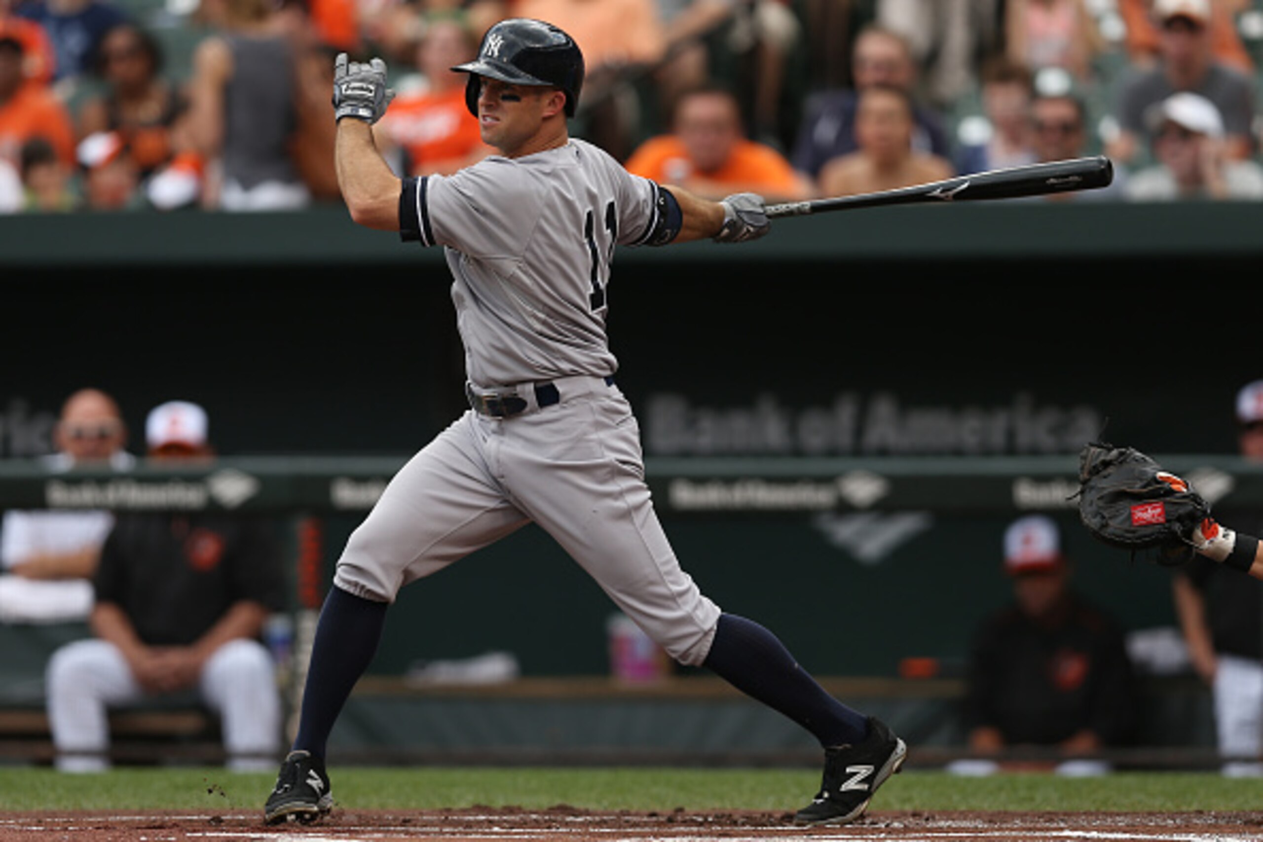 BALTIMORE, MD - JUNE 14: Brett Gardner #11 of the New York Yankees in action against the Baltimore Orioles at Oriole Park at Camden Yards on June 14, 2015 in Baltimore, Maryland. The New York Yankees won, 5-3. (Photo by Patrick Smith/Getty Images)