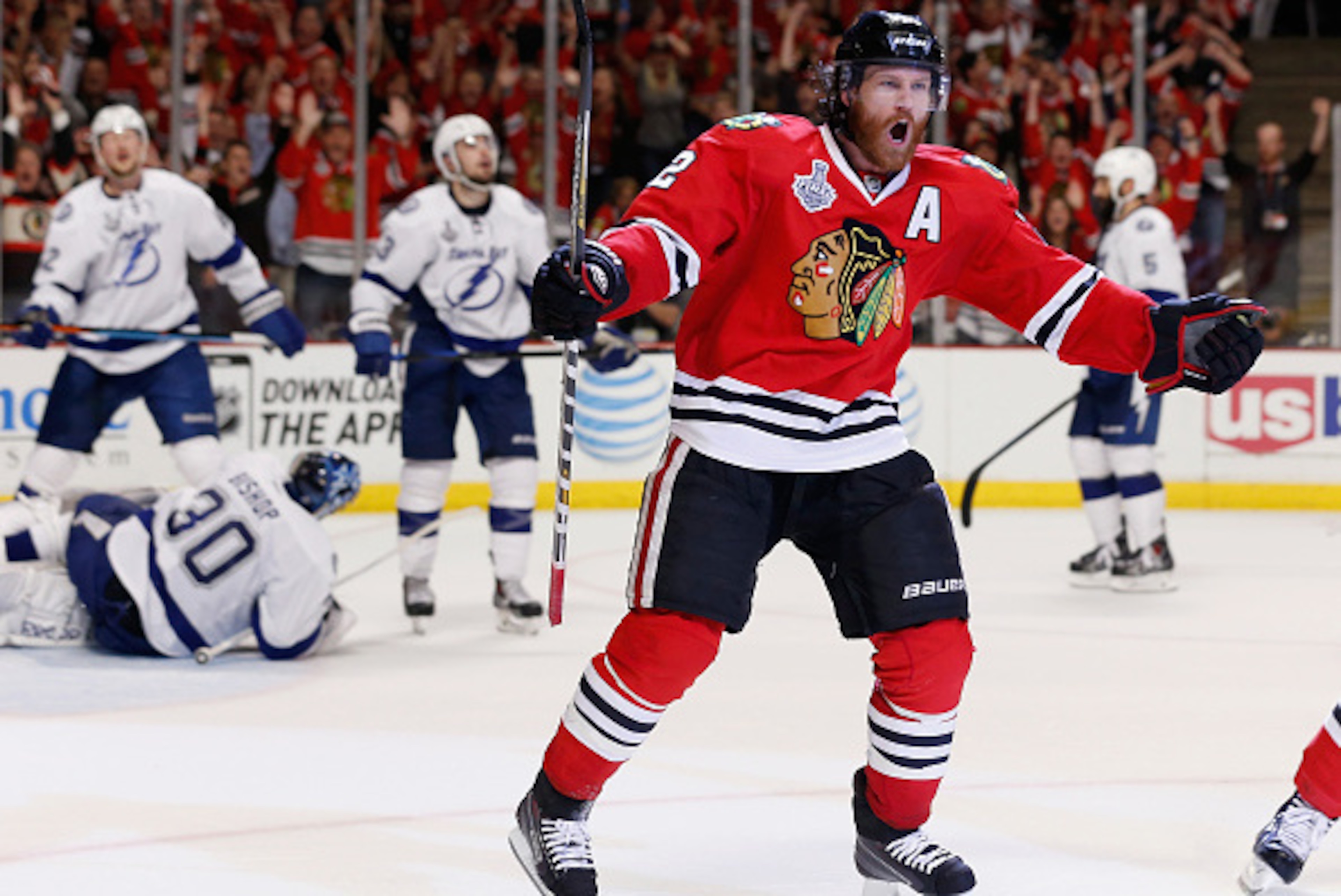 CHICAGO, IL - JUNE 15:  Duncan Keith #2 of the Chicago Blackhawks celebrates after beating goaltender Ben Bishop #30 of the Tampa Bay Lightning to score in the second period of Game Six of the 2015 NHL Stanley Cup Final at the United Center on June 15, 20