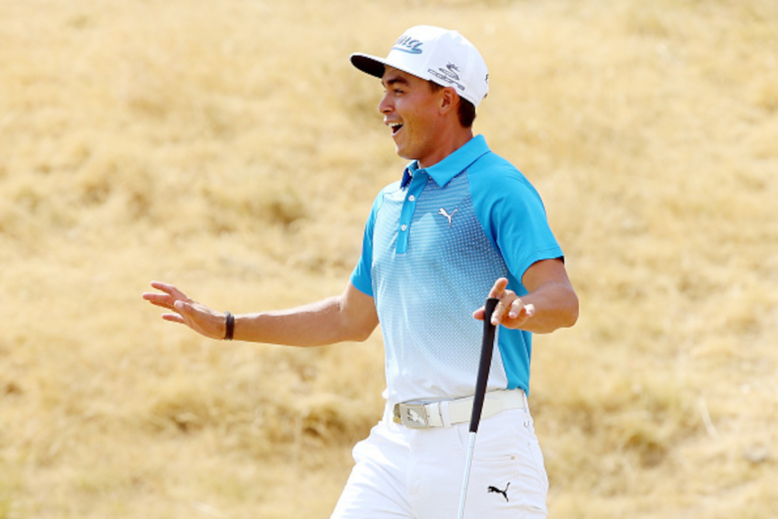 UNIVERSITY PLACE, WA - JUNE 15:  Rickie Fowler of the United States reacts after a shot during a practice round prior to the start of the 115th U.S. Open Championship at Chambers Bay on June 15, 2015 in University Place, Washington.  (Photo by Andrew Redi