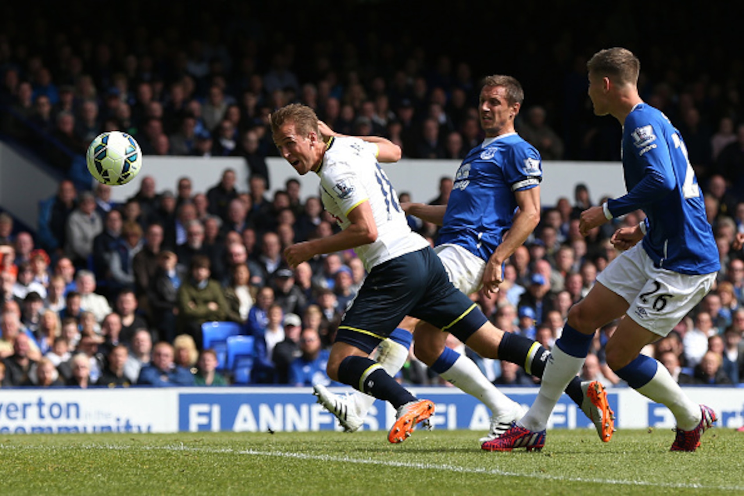 LIVERPOOL, ENGLAND - MAY 24: Harry Kane of Spurs scores his team's first goal during the Barclays Premier League match between Everton and Tottenham Hotspur at Goodison Park on May 24, 2015 in Liverpool, England.  (Photo by Chris Brunskill/Getty Images)