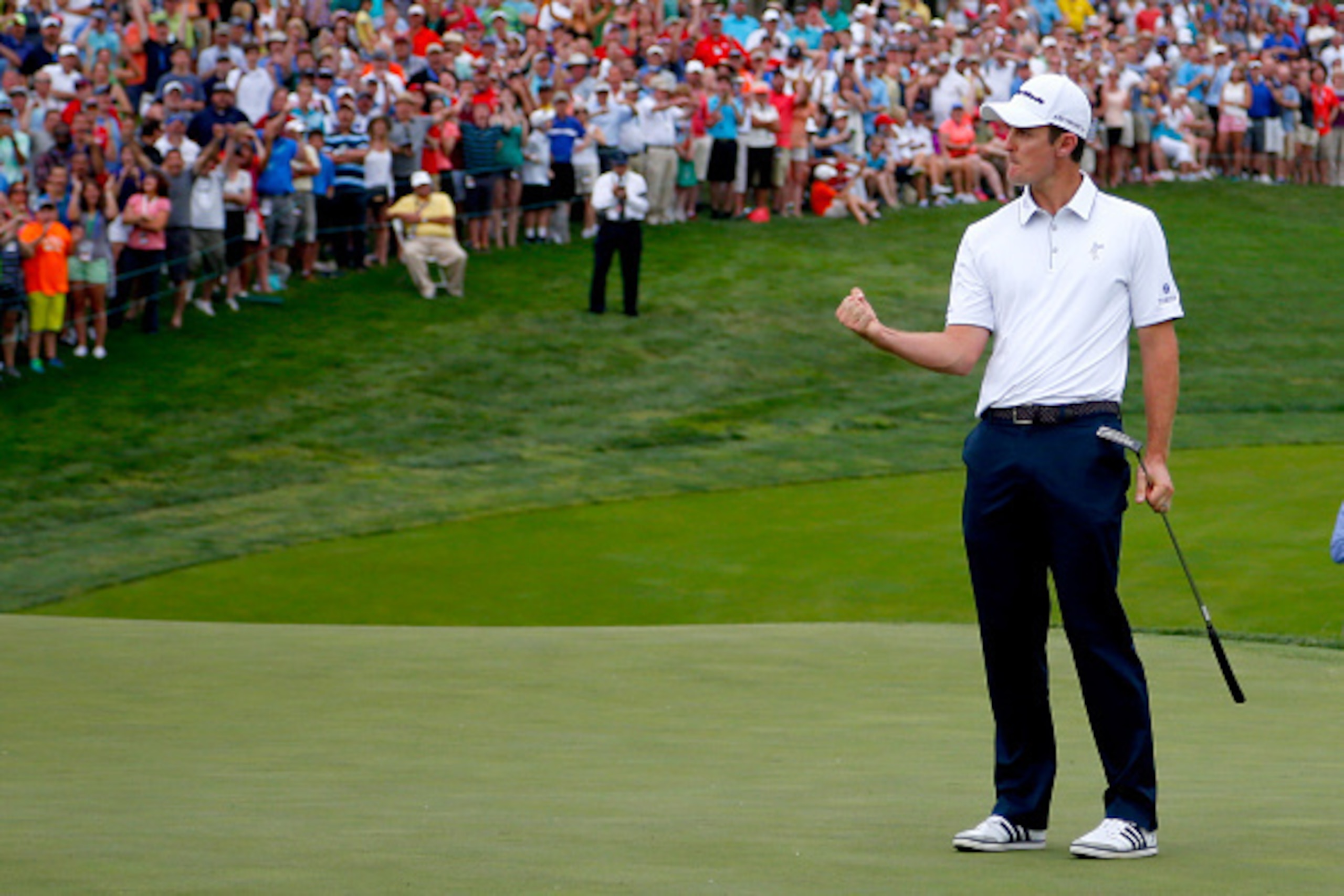 DUBLIN, OH - JUNE 07:  Justin Rose of England reacts after making a putt on the second playoff hole at The Memorial Tournament presented by Nationwide at Muirfield Village Golf Club on June 7, 2015 in Dublin, Ohio.  (Photo by Matt Sullivan/Getty Images)
