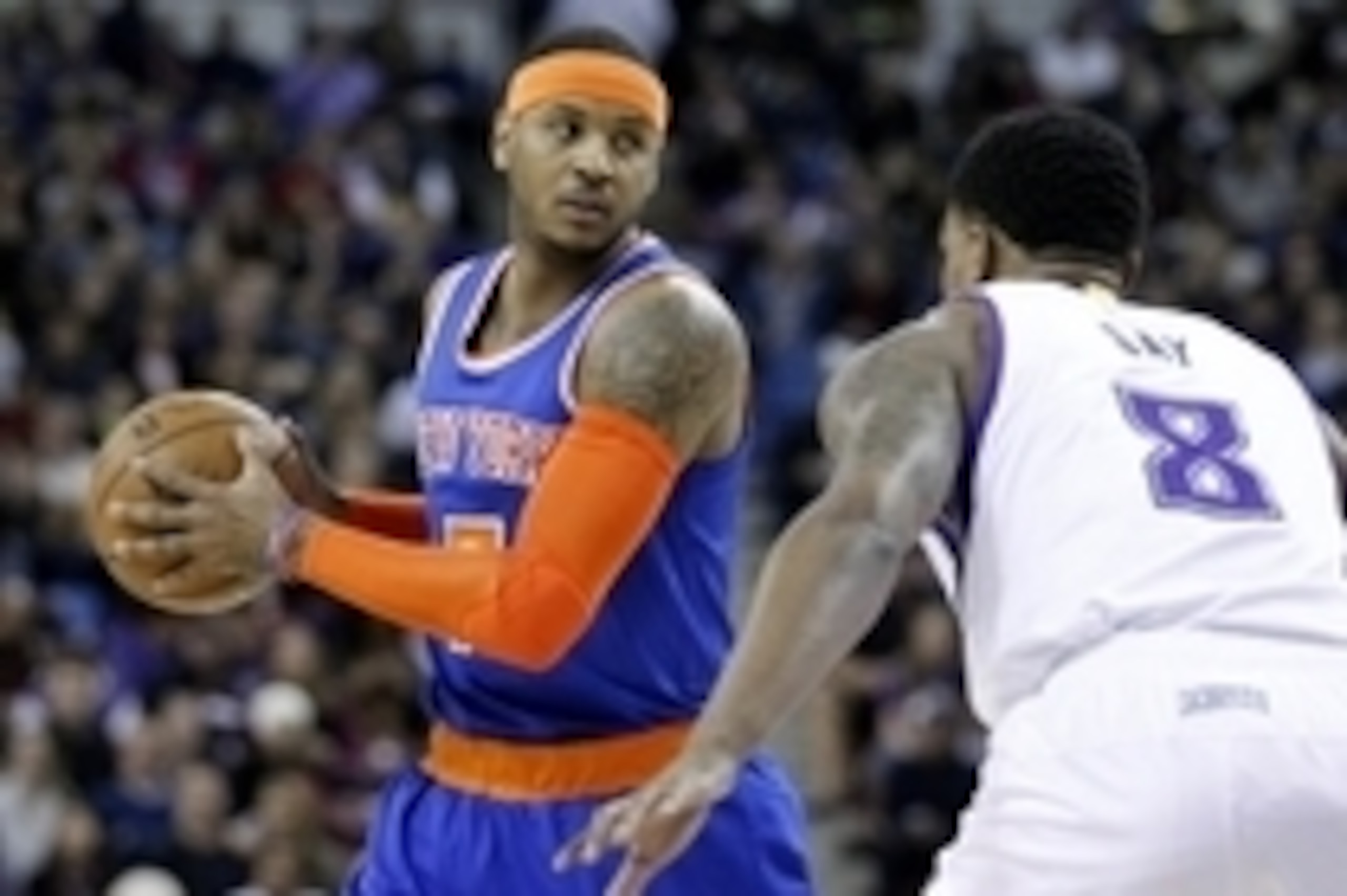 Dec 27, 2014; Sacramento, CA, USA; New York Knicks forward Carmelo Anthony (7) holds the ball as Sacramento Kings forward Rudy Gay (8) defends in the first quarter at Sleep Train Arena. Mandatory Credit: Cary Edmondson-USA TODAY Sports Dec 27, 2014; Sacramento, CA, USA; New York Knicks forward Carmelo Anthony (7) holds the ball as Sacramento Kings forward Rudy Gay (8) defends in the first quarter at Sleep Train Arena. Mandatory Credit: Cary Edmondson-USA TODAY Sports